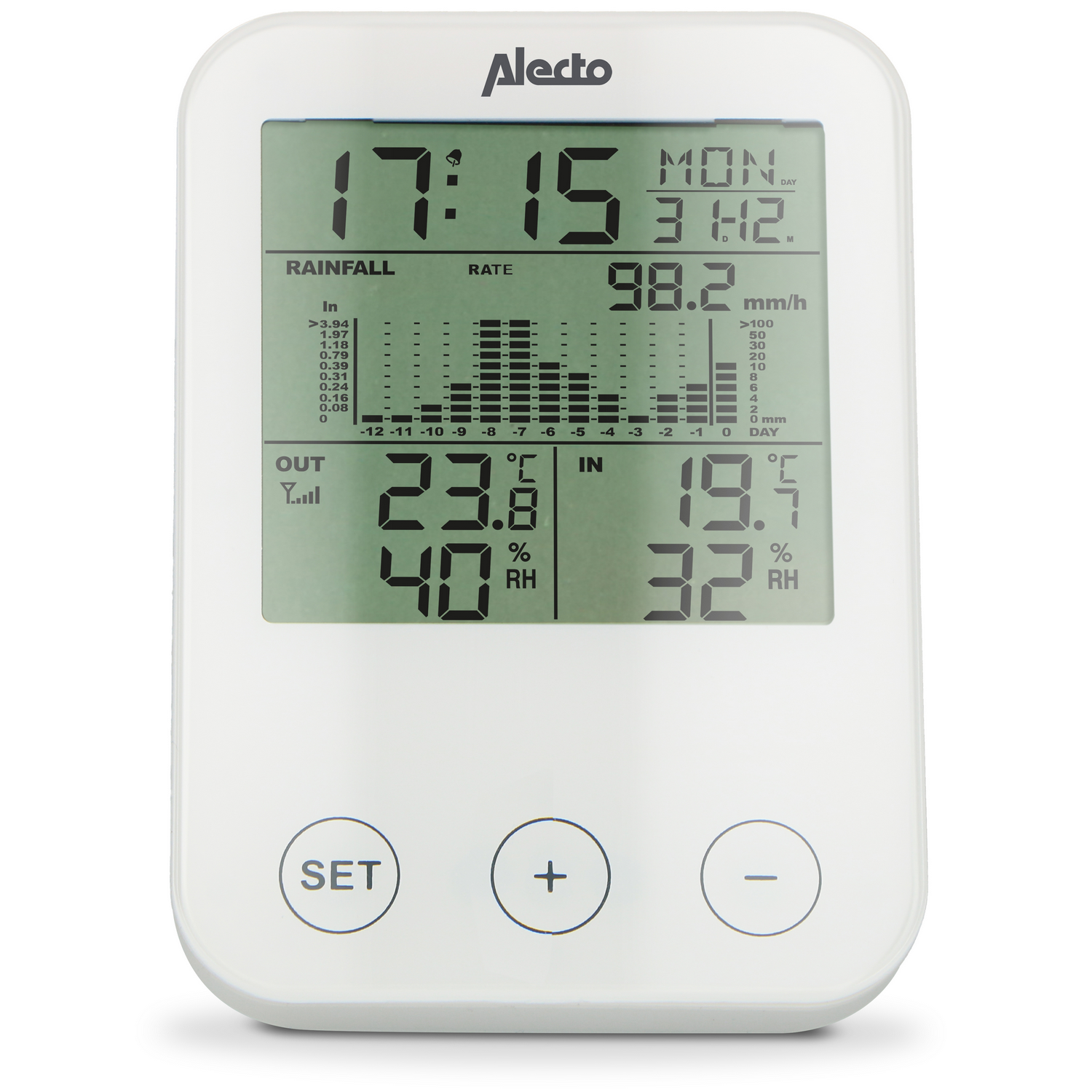 A white digital weather station displaying time, rainfall, and temperature data.