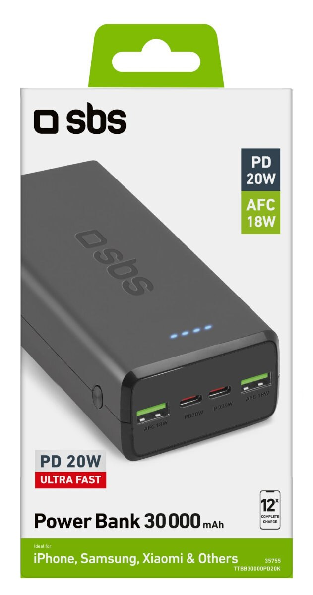 Czarny power bank z wieloma portami, PD 20W i AFC 18W, na białym pudełku.