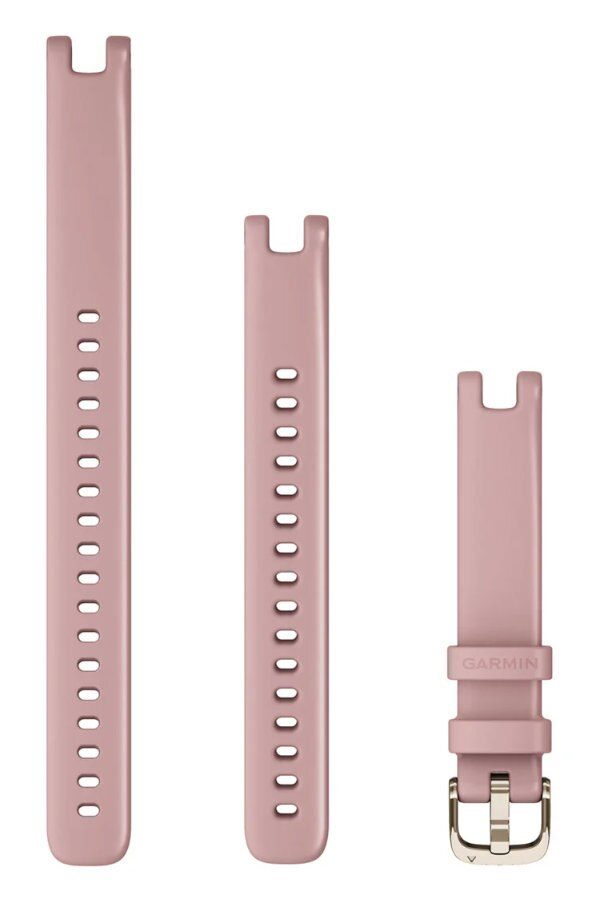 Trzy różowe paski do zegarków. Jeden długi, dwa krótkie, z otworami i logo Garmin.
