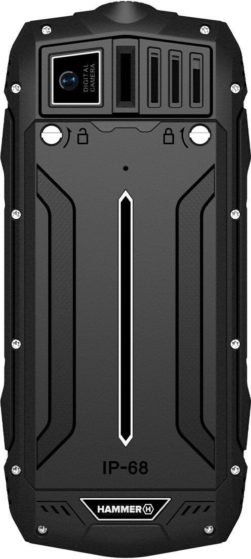 Czarny, wytrzymały smartfon. Tył ma aparat i logo marki.