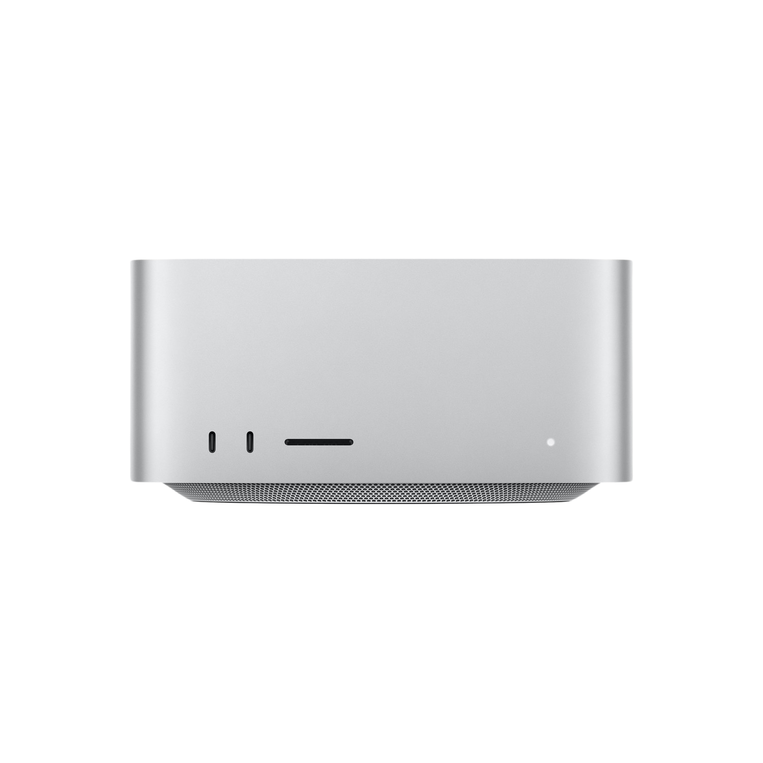 Zilveren Mac Studio desktopcomputer, voorkant met aan/uit-knop en poorten.