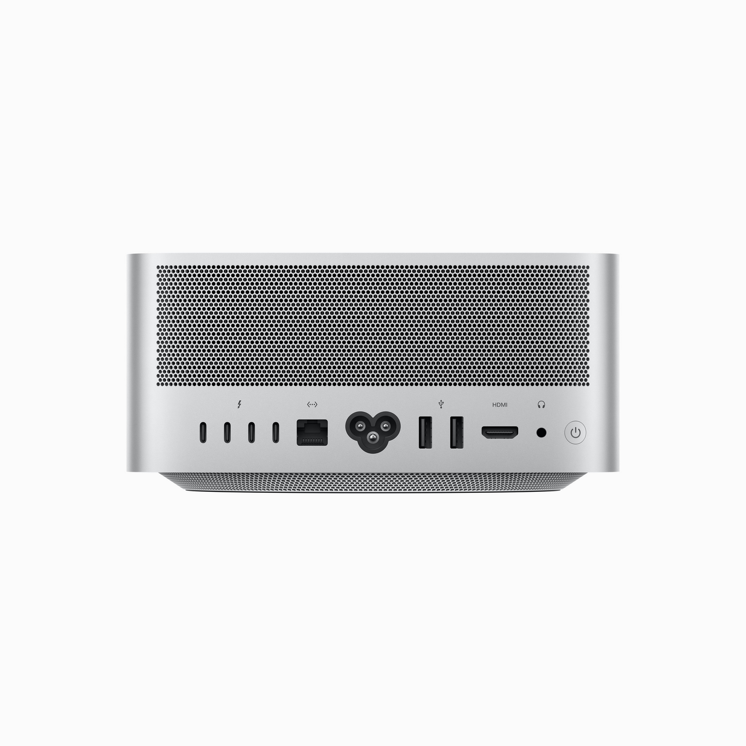 Zilveren Mac Mini achterpaneel met diverse poorten.