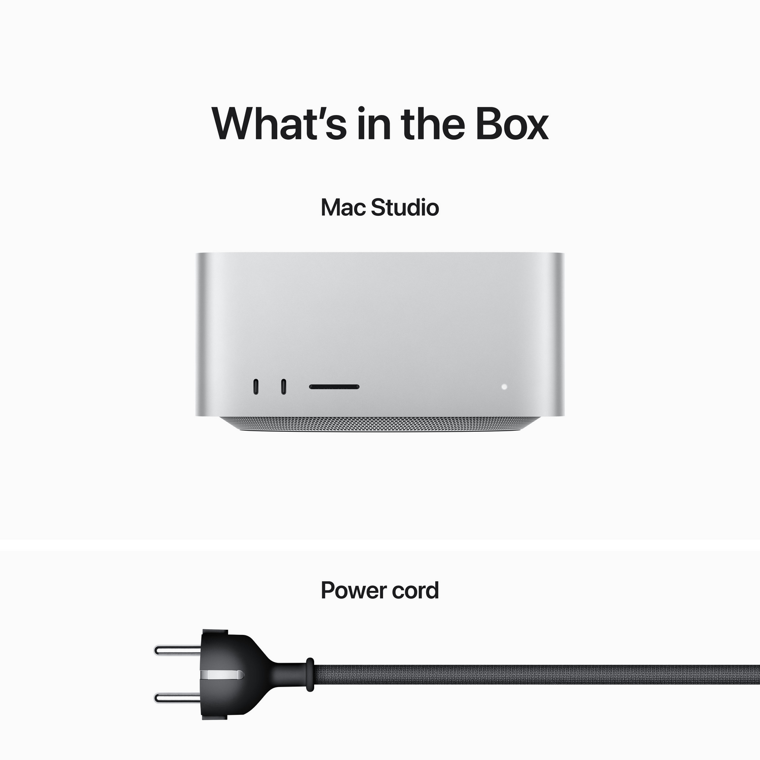 Afbeelding met de 'Mac Studio' en voedingskabel. Tekst zegt 'Wat zit er in de doos'.