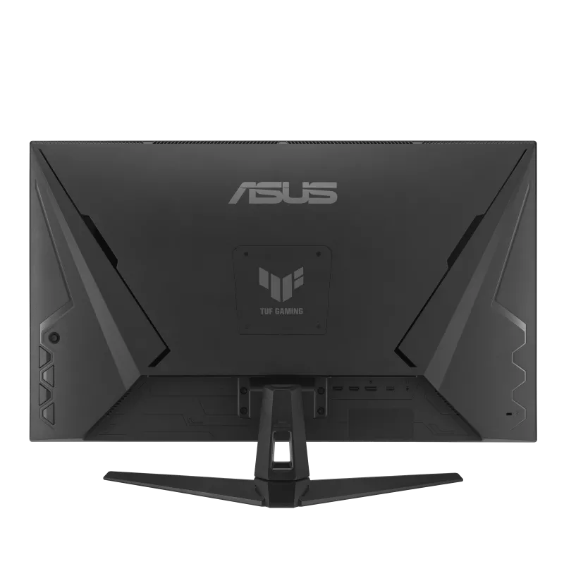 Monitor ASUS TUF Gaming, parte trasera negra, soporte y puertos visibles.