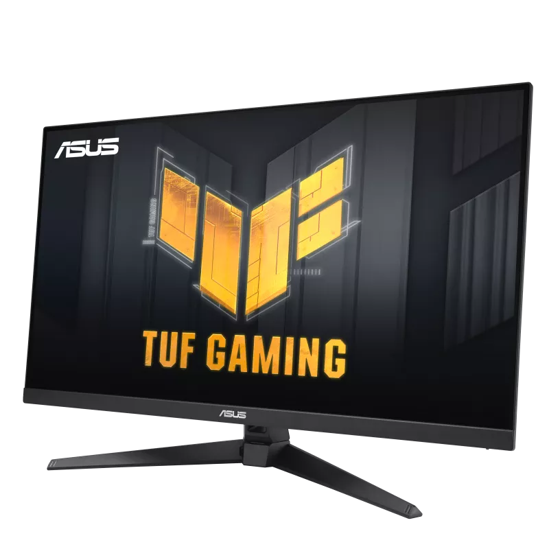 Monitor Asus TUF Gaming, marco negro con logotipo amarillo sobre pantalla negra.