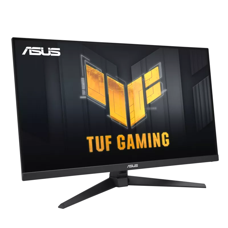 Monitor ASUS TUF gaming negro con detalles amarillos, vista angular, fondo negro.