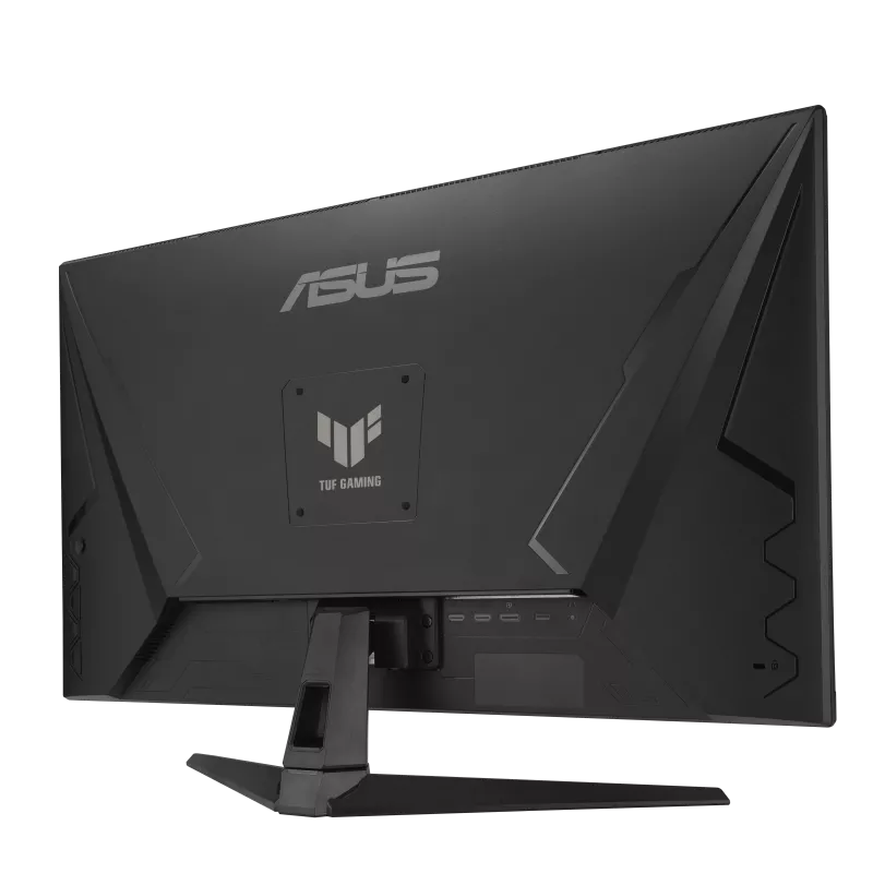 Monitor ASUS negro desde atrás, mostrando el soporte y los puertos.