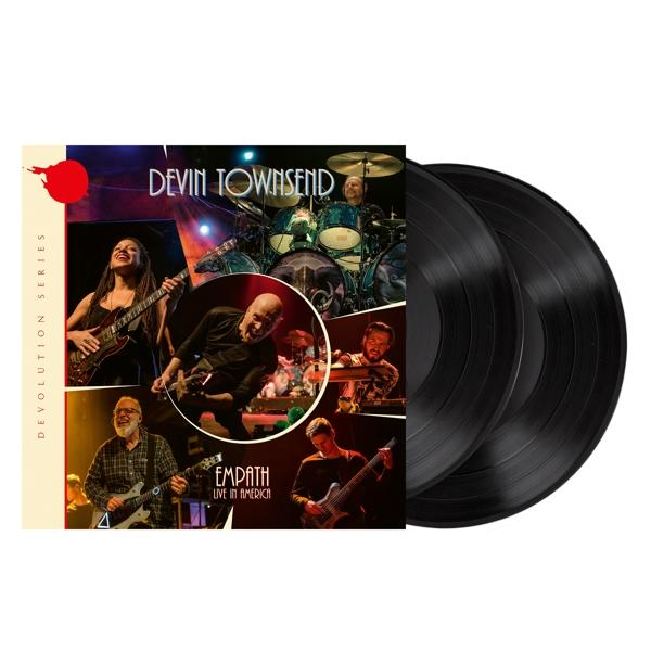 Albumcover mit Bandmitgliedern, zwei Vinylplatten. Text 'Devin Townsend Empath Live in America'.