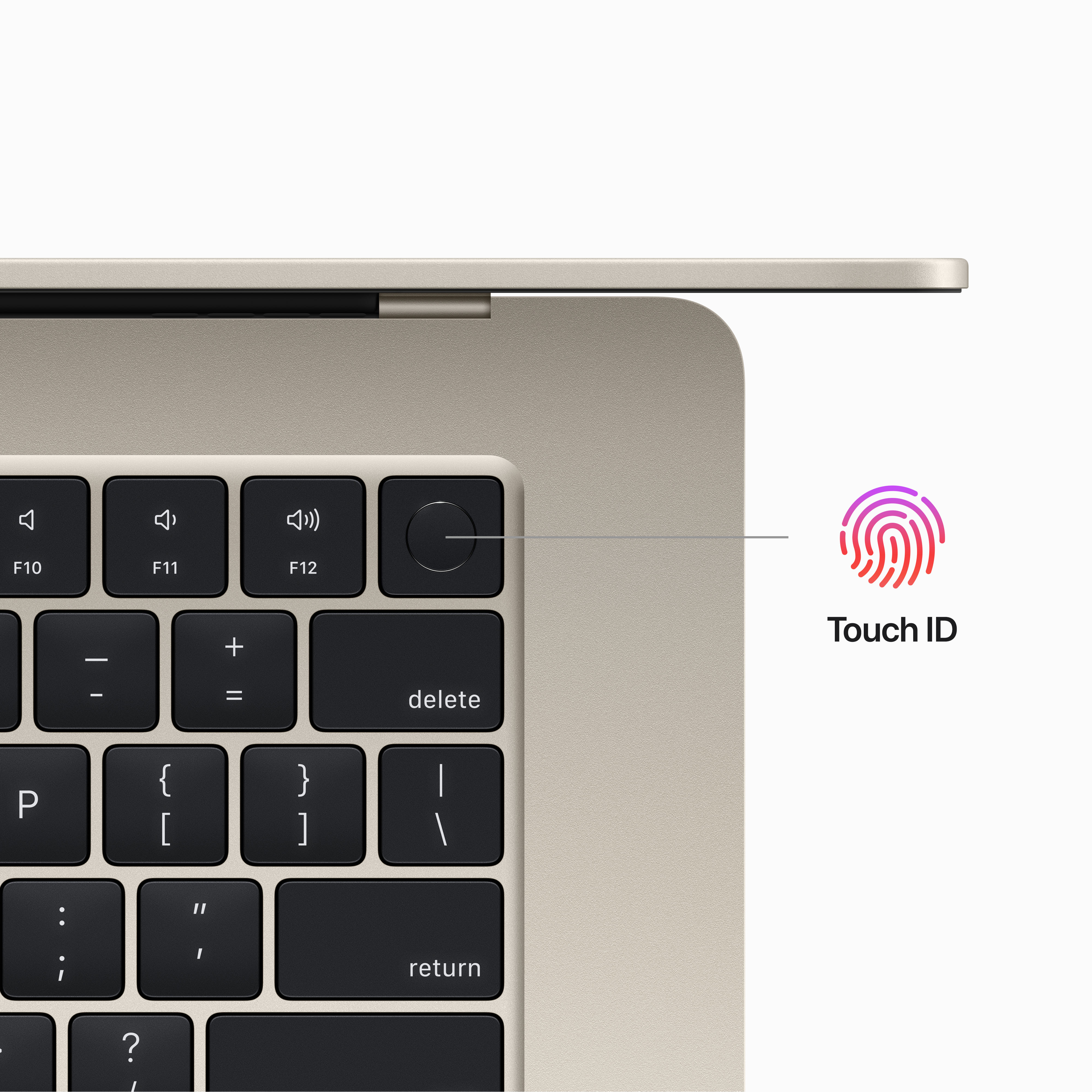 Nahaufnahme der Laptop-Tastatur mit Touch ID. Beige, schwarze Tasten und Fingerabdruck-Symbol.