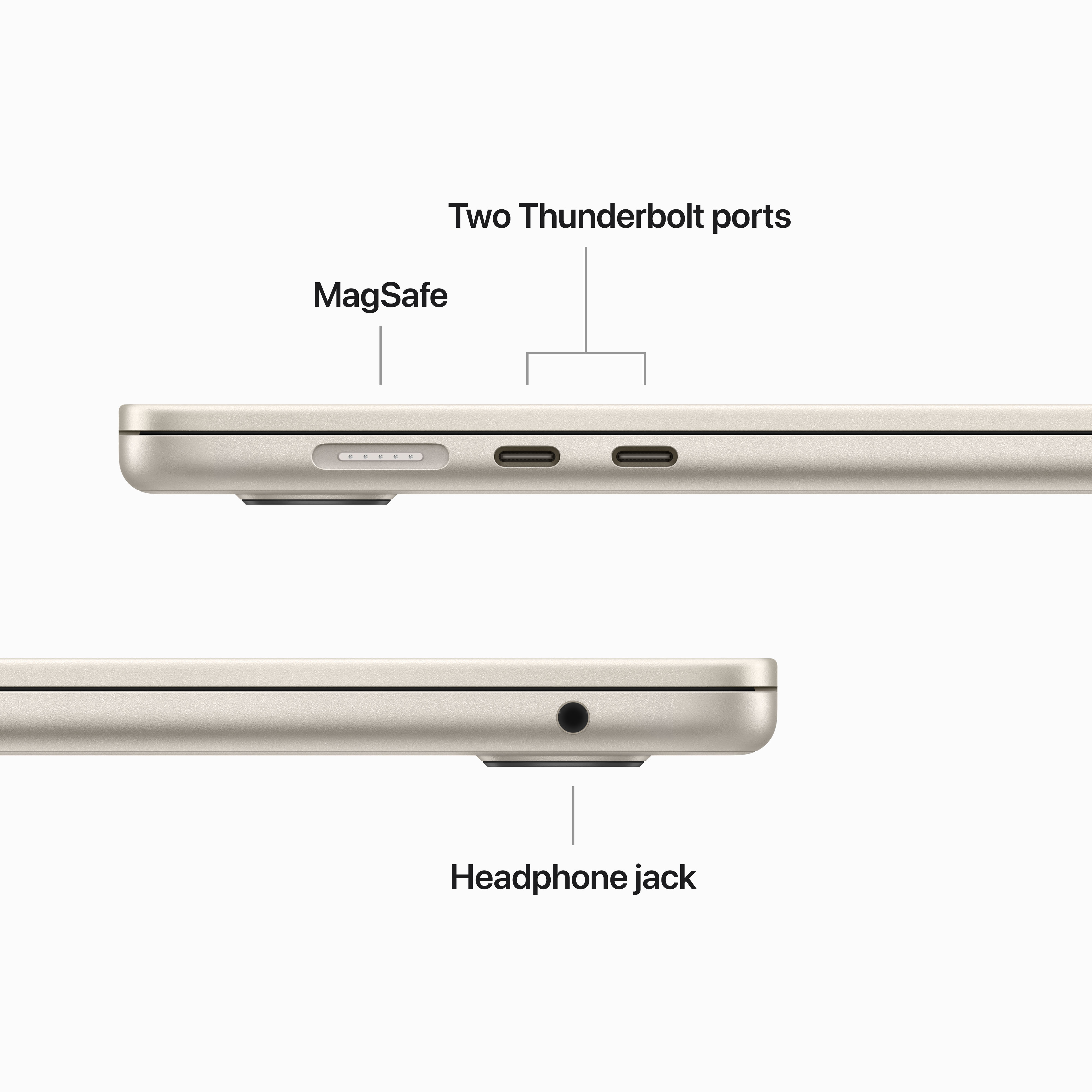 Nahaufnahme einer Laptopkante. Zeigt MagSafe, Thunderbolt-Anschlüsse und Kopfhöreranschluss.