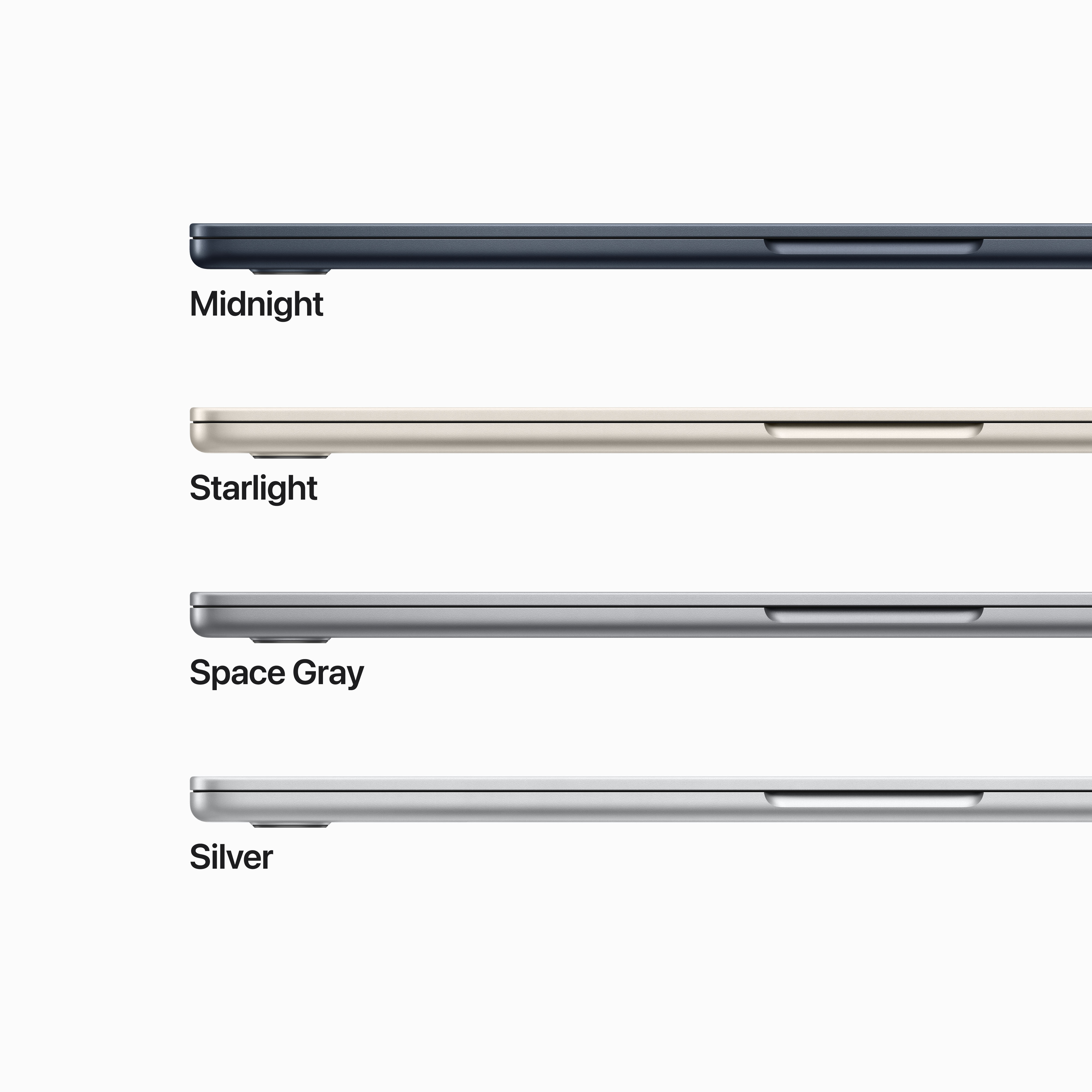 Vier Laptops in verschiedenen Farben: Midnight, Starlight, Space Gray und Silver, von der Seite betrachtet.