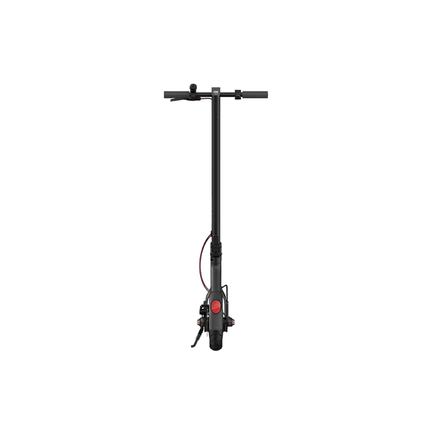 Yukarıdan görünüşüyle siyah bir elektrikli scooter.