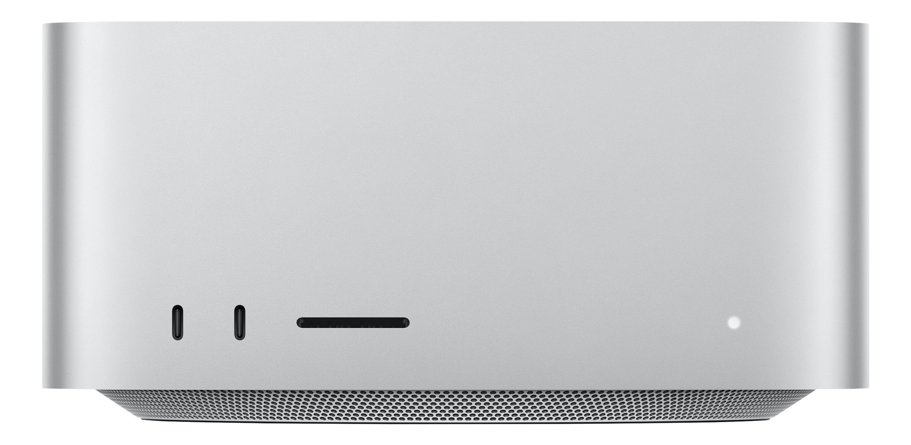 Silberner Apple Mac Studio, Vorderansicht mit Anschlüssen und Lautsprechergrill.