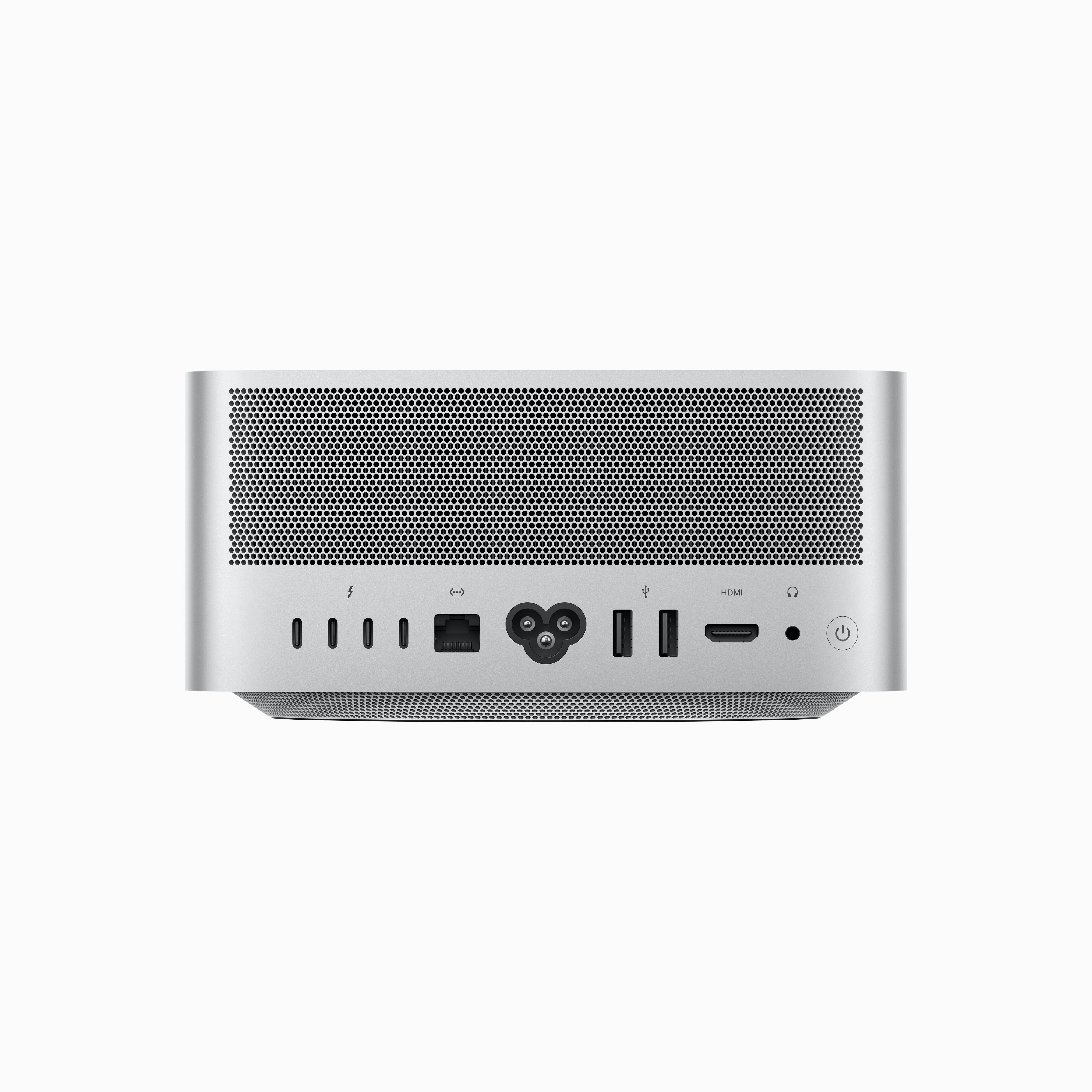 Die Rückseite eines Mac Studio-Geräts mit Anschlüssen und einem Ein-/Ausschalter.