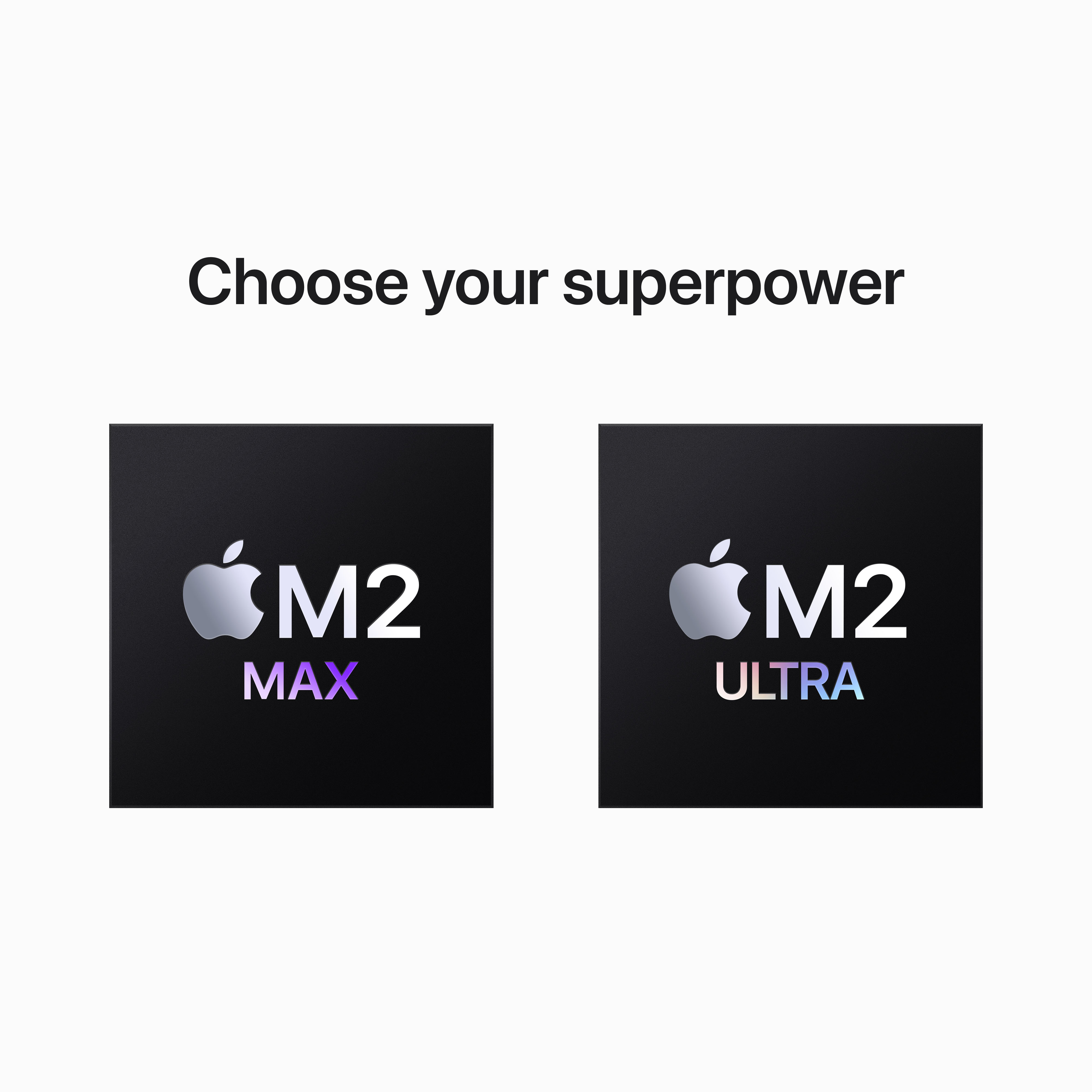 Zwei Apple-Logos mit Text 'M2 MAX' und 'M2 ULTRA' auf schwarzem Hintergrund. 'Wähle deine Superkraft' darüber.