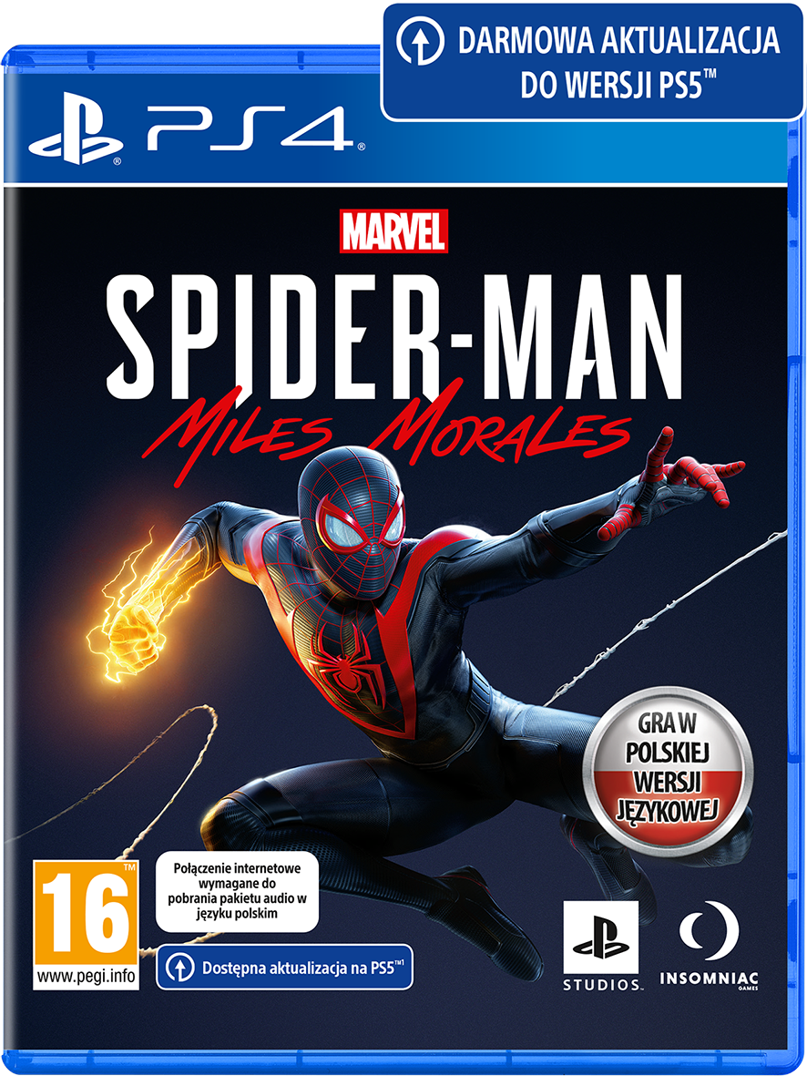 Pudełko gry wideo Spider-Man. Osoba w kostiumie Spider-Mana jest na pierwszym planie. Czarne tło.