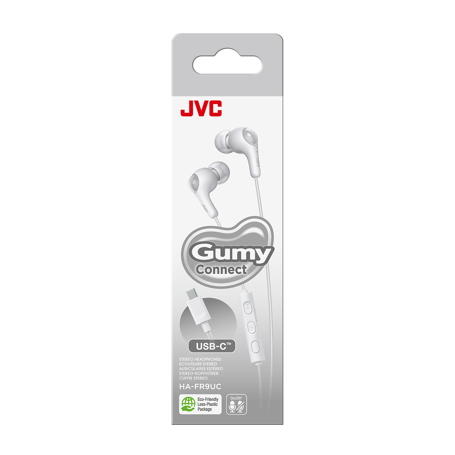 Auricolari JVC Gumy Connect bianche nella confezione. La confezione presenta il logo USB-C.