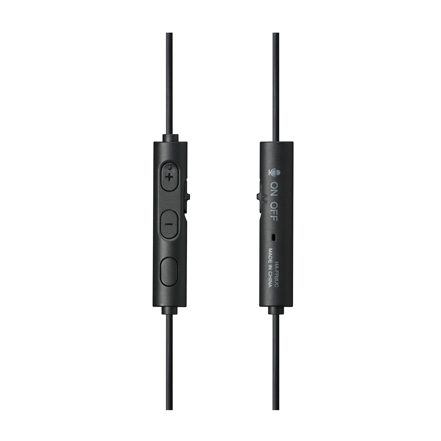 Due moduli di controllo per auricolari neri con pulsanti e interruttore on/off.