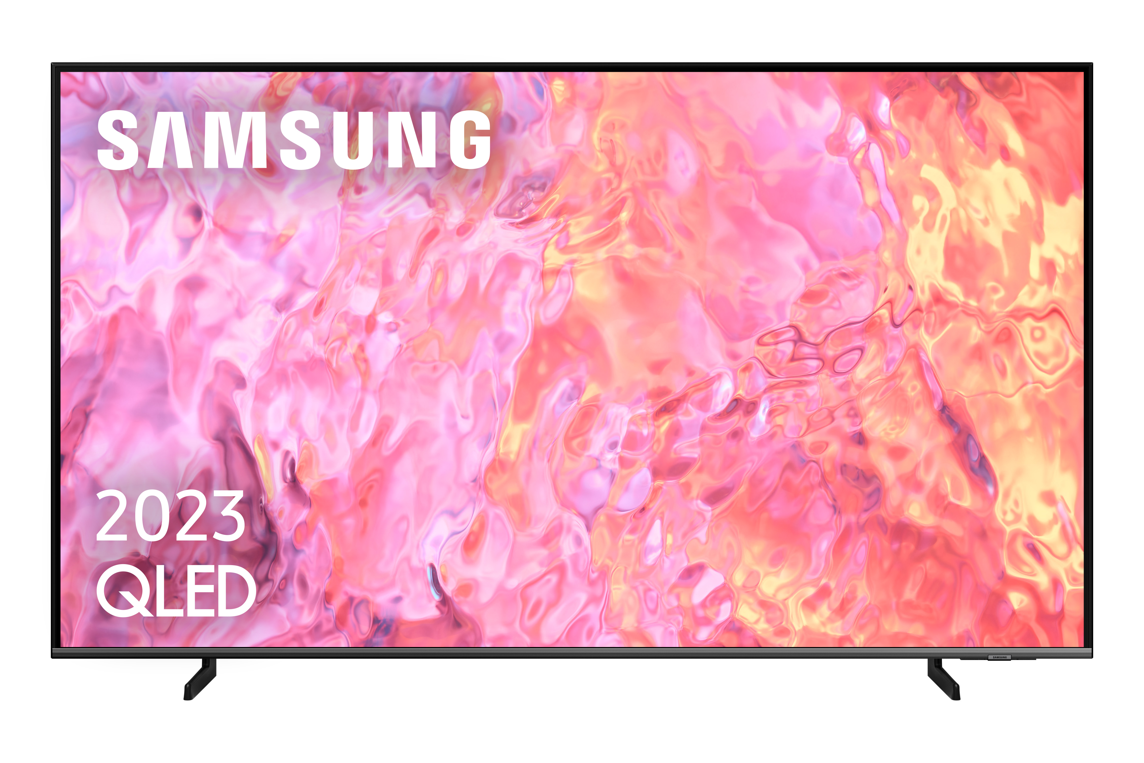 Un televisor QLED Samsung grande con una pantalla colorida. Se muestra la marca y la línea de productos.
