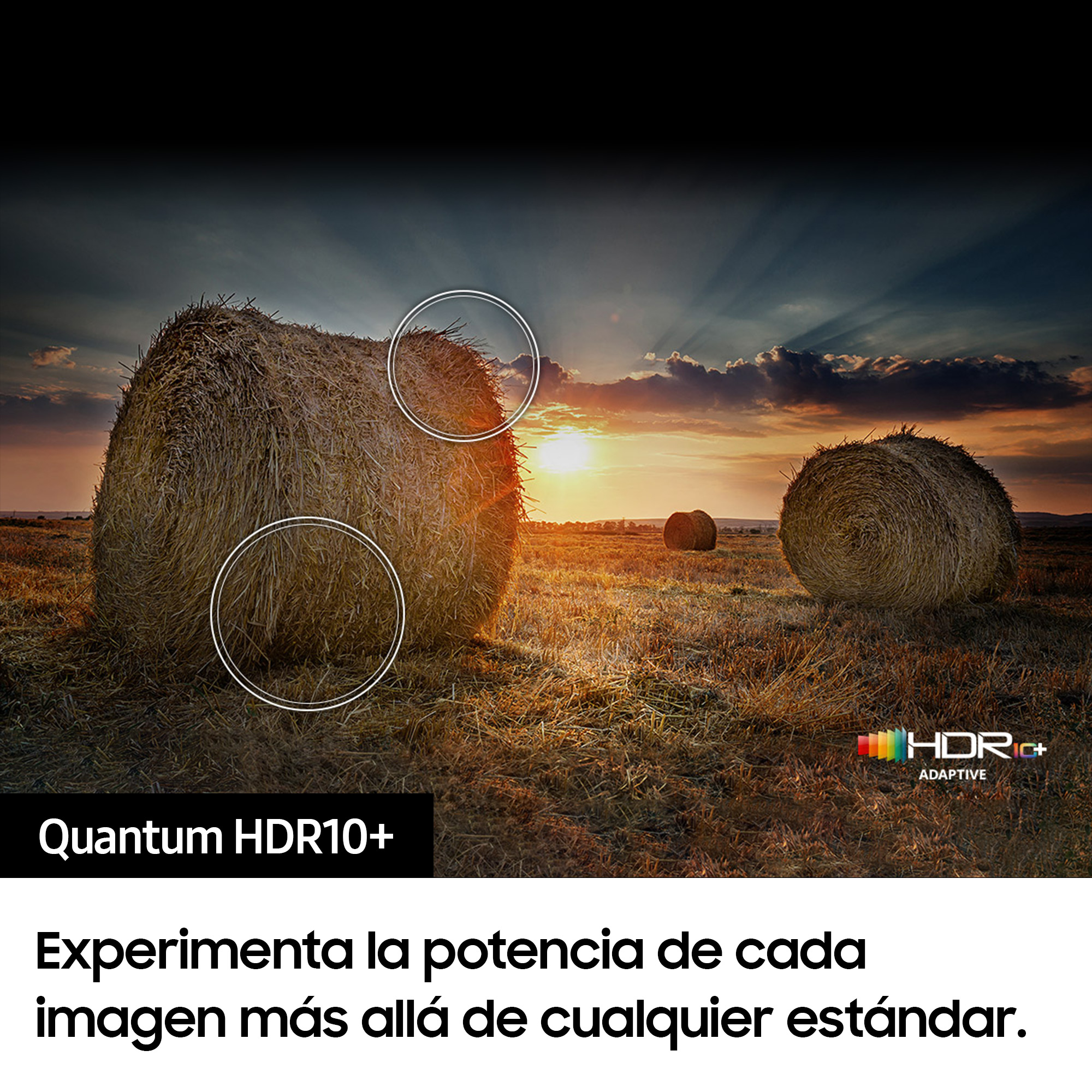 Dos pacas de heno en un campo. Texto HDR10+ y puesta de sol al fondo.