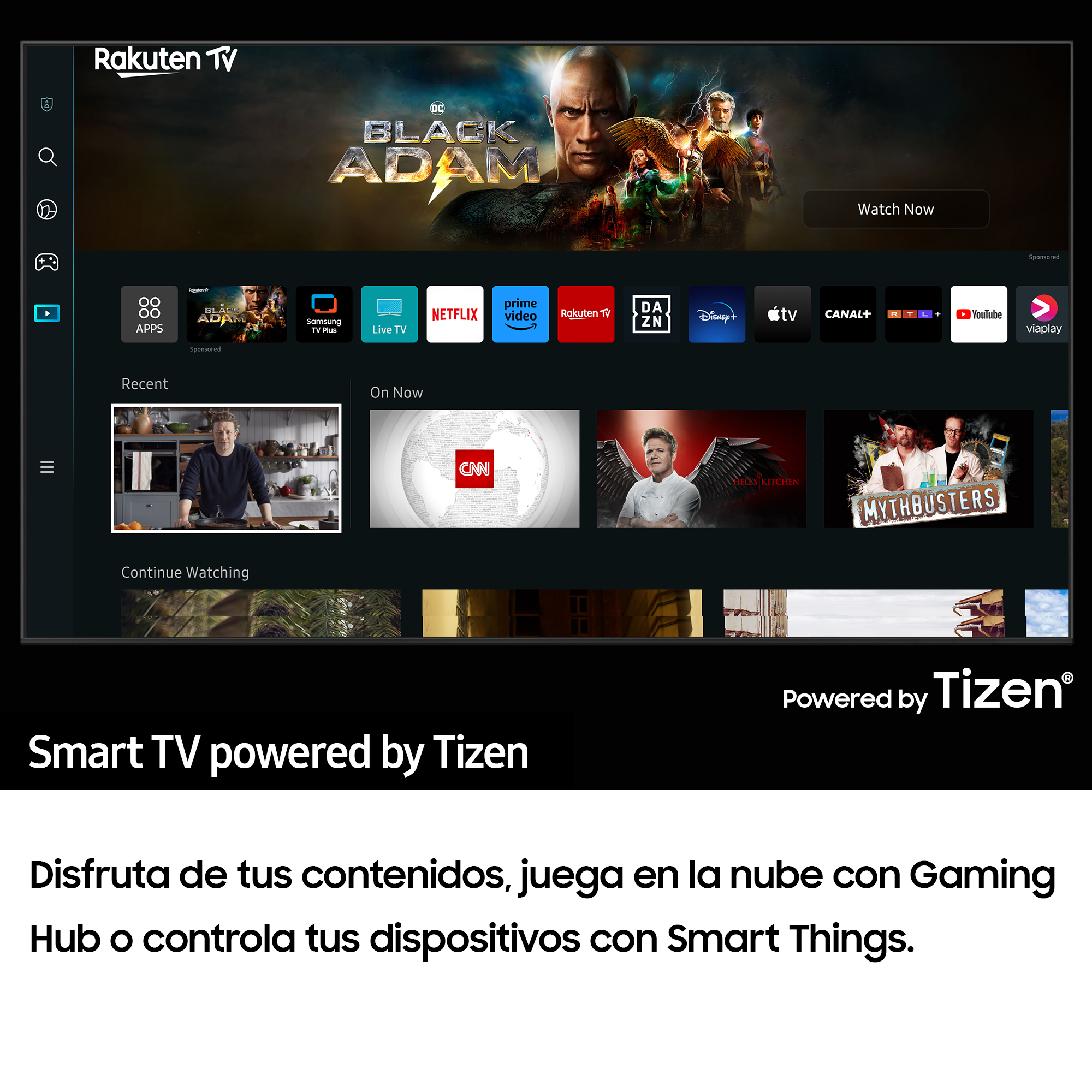 Pantalla de Smart TV mostrando la interfaz de Rakuten TV y varias aplicaciones de streaming.