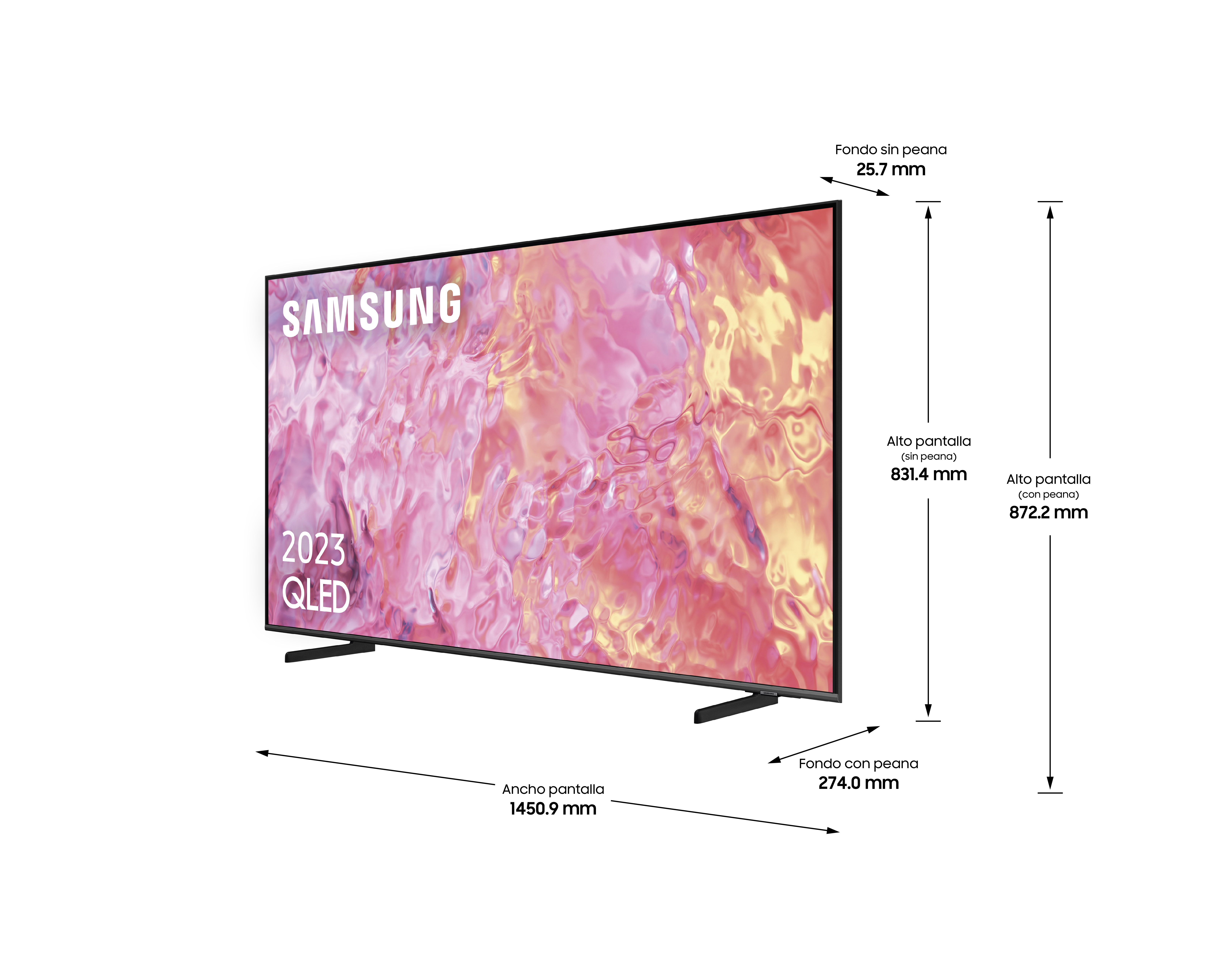 Un televisor Samsung QLED con dimensiones y etiquetas sobre fondo blanco.