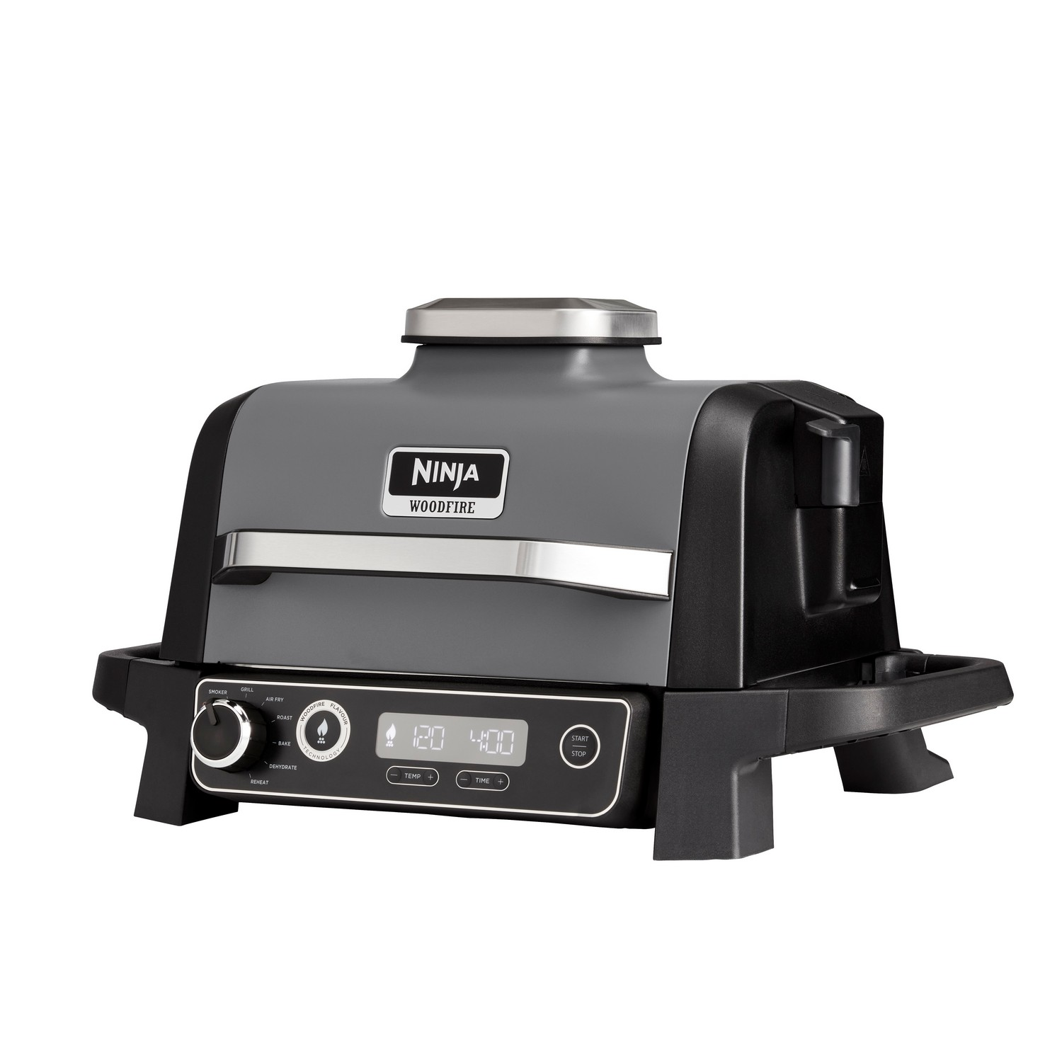 Gril Ninja Woodfire. Corps gris avec base noire et panneau de contrôle.