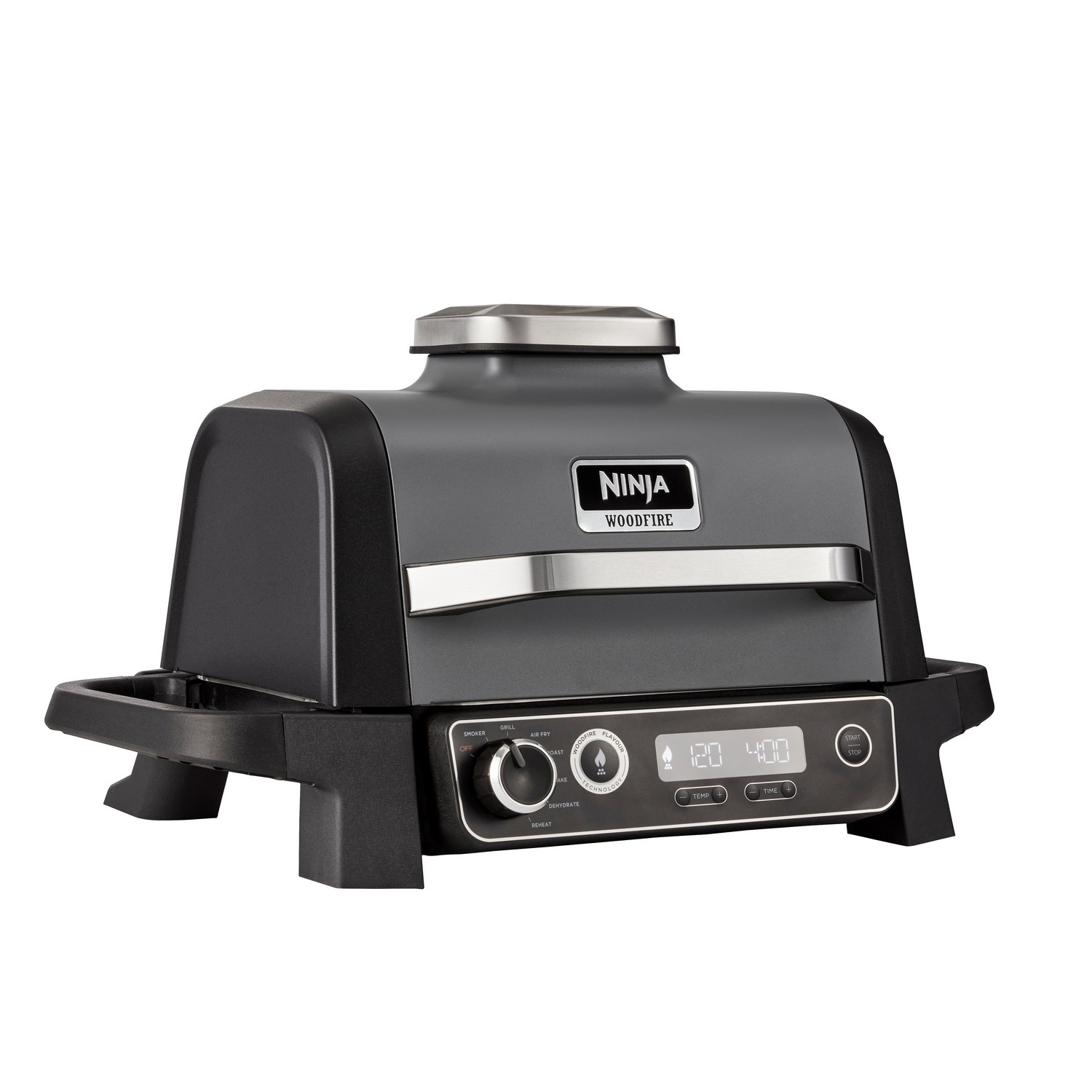 Un grill Ninja Woodfire noir et gris avec affichage numérique et boutons de commande.