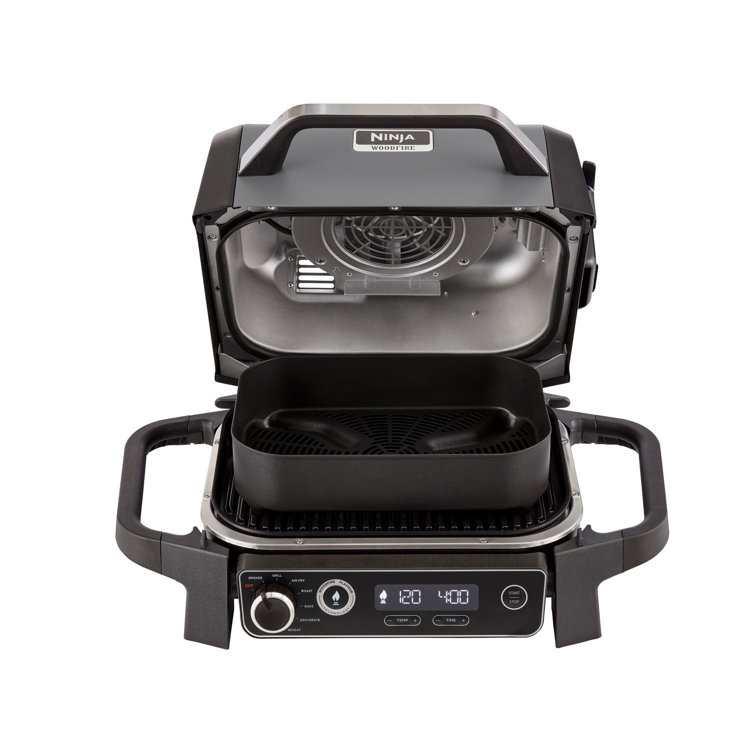 Gril Ninja Woodfire, ouvert, montrant la zone de cuisson et le panneau de commande. Fond blanc.