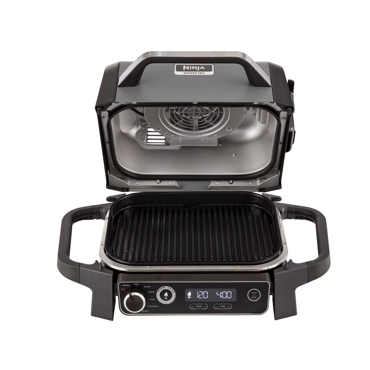 Gril Ninja Woodfire, ouvert. Montre la surface du gril, les commandes et le couvercle ouvert. Noir et gris.
