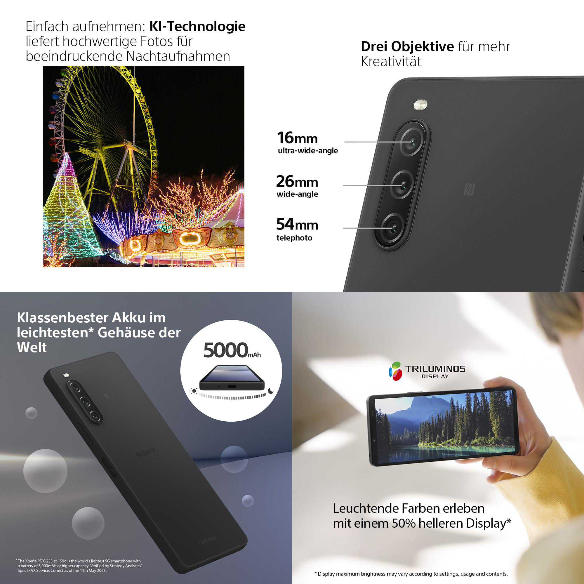 Collage: Telefon mit Kamera-Spezifikationen, Nacht-Stadtbild, Telefon mit Landschaftsbildschirm und Text.