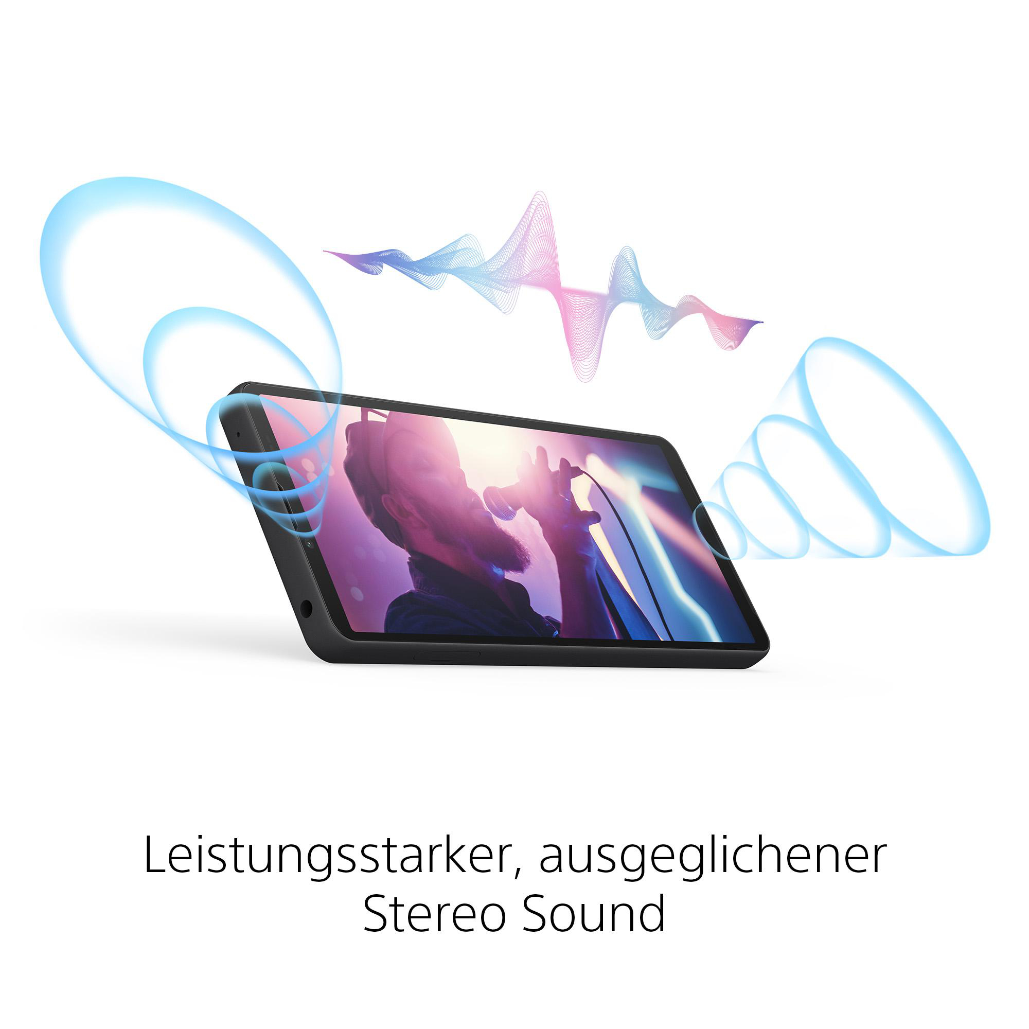 Abgewinkeltes Smartphone, das eine singende Person zeigt. Schallwellen gehen aus.