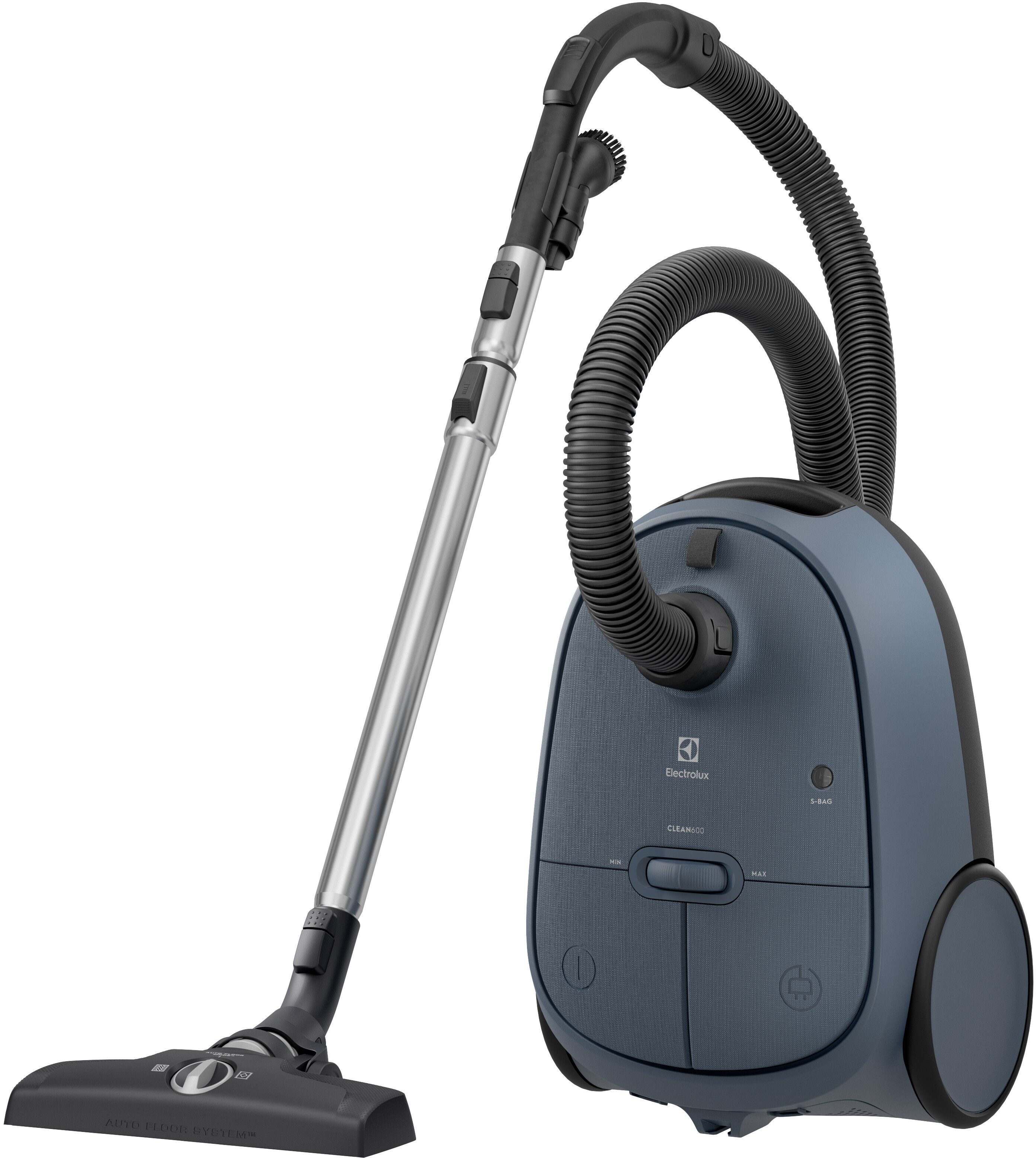 Ein blauer Electrolux Staubsauger mit silbernem Verlängerungsrohr, schwarzem Schlauch und schwarzem Reinigungskopf.