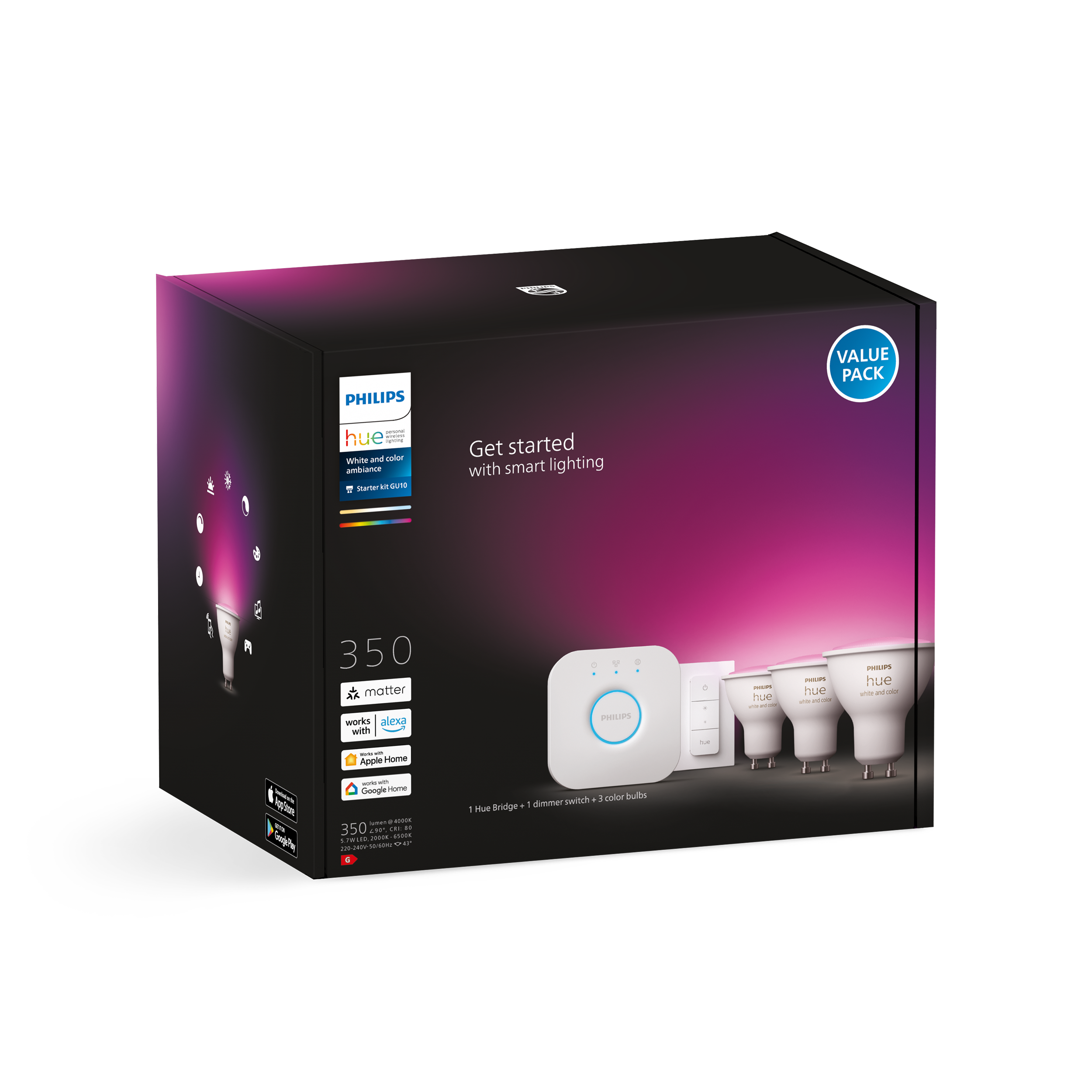 Una caja de iluminación inteligente Philips Hue con las palabras 'Get started with smart lighting'.