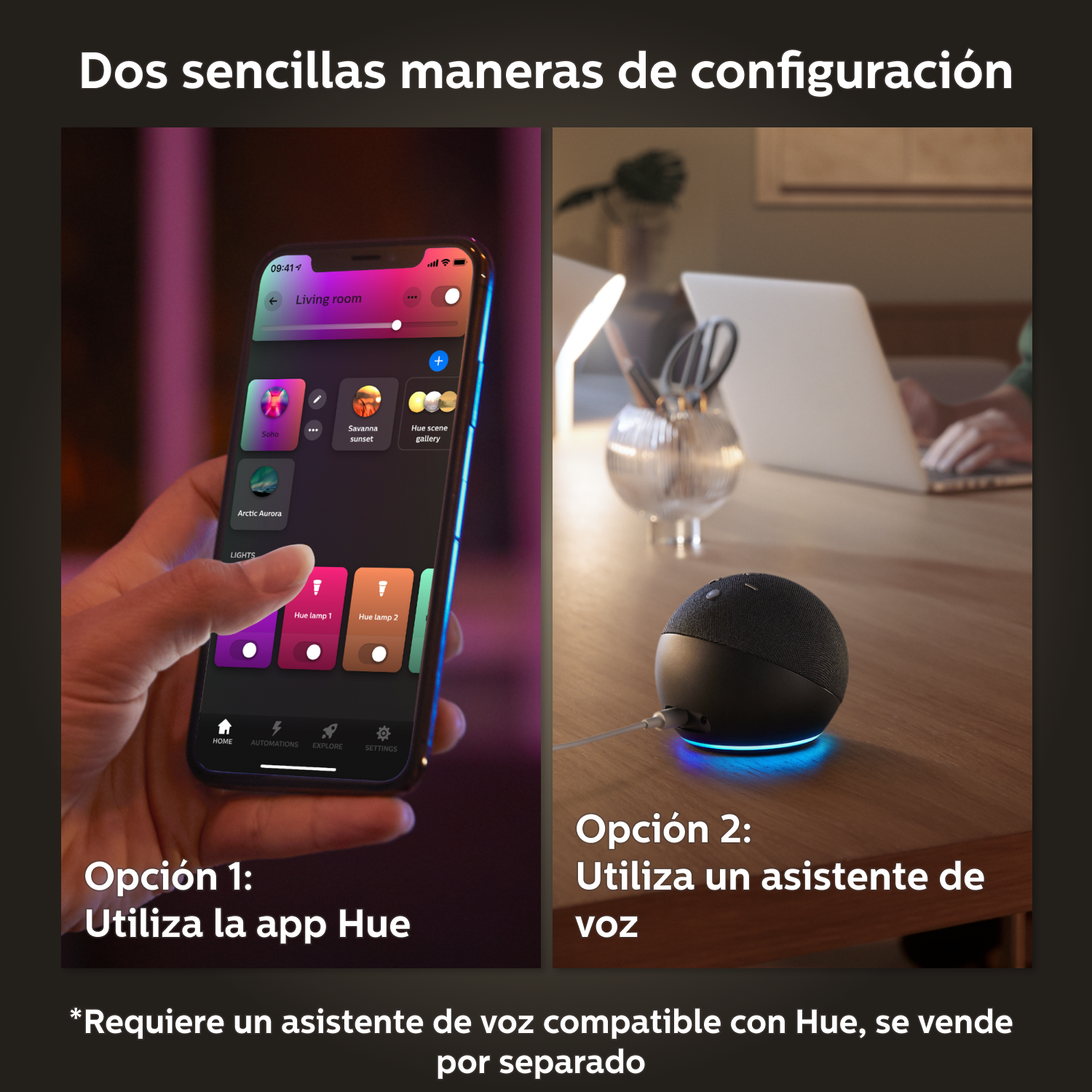 Persona sosteniendo teléfono con app Hue, junto a altavoz inteligente sobre mesa con texto.