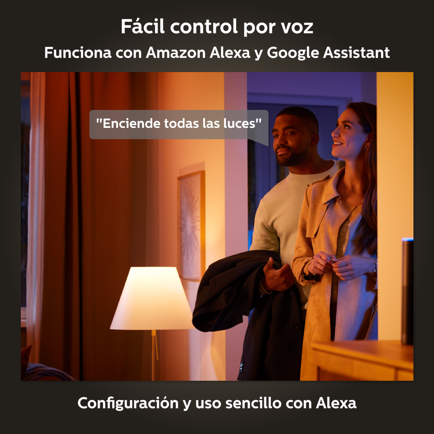 Personas en una habitación, una hablando sobre encender las luces.
