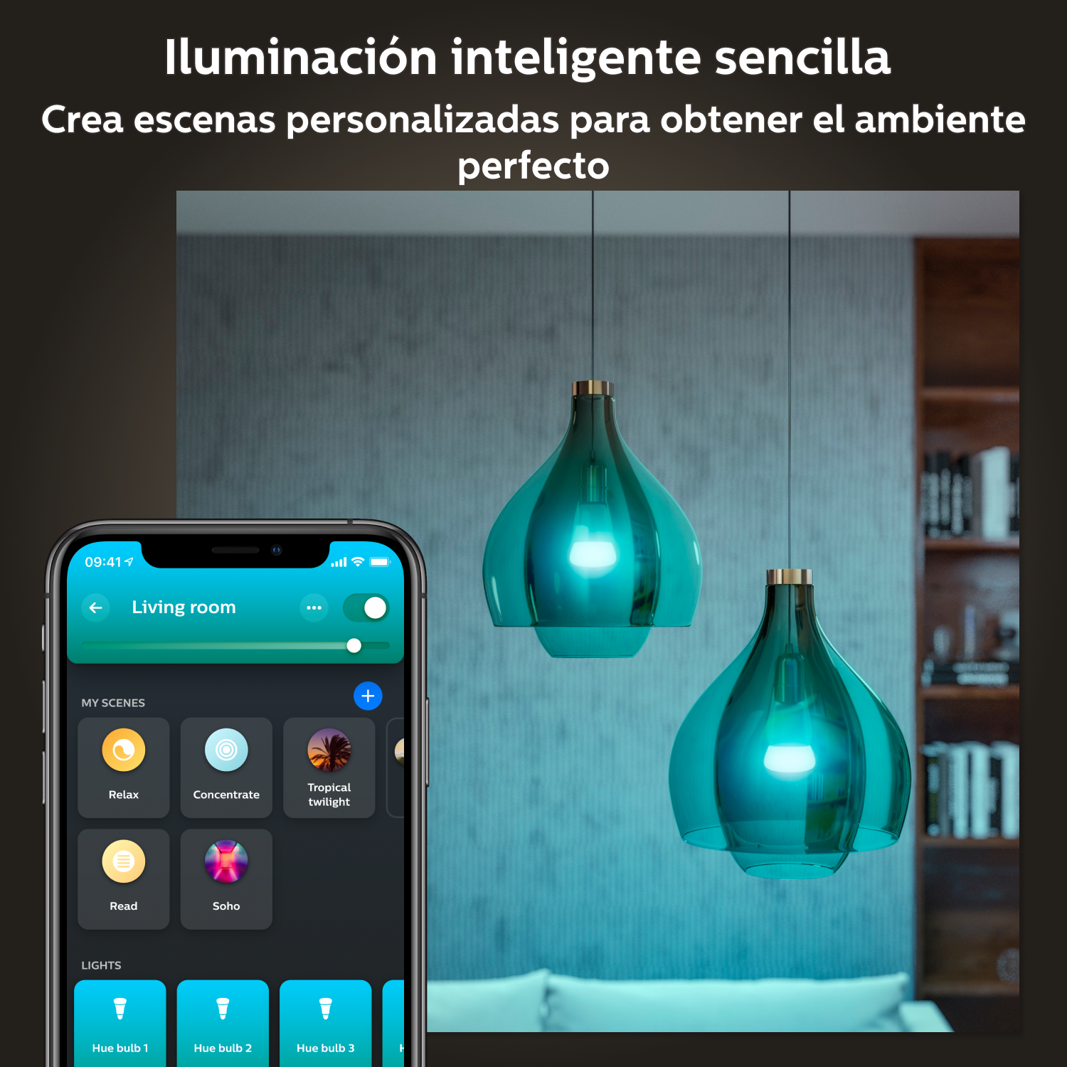 Configuración de escena de iluminación inteligente con aplicación y lámparas colgantes de cristal.
