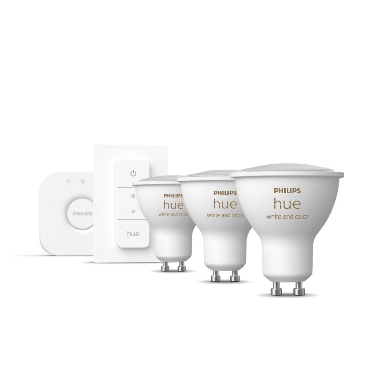 Juego de iluminación inteligente Philips Hue. Incluye un puente, un interruptor y tres bombillas blancas y de color.