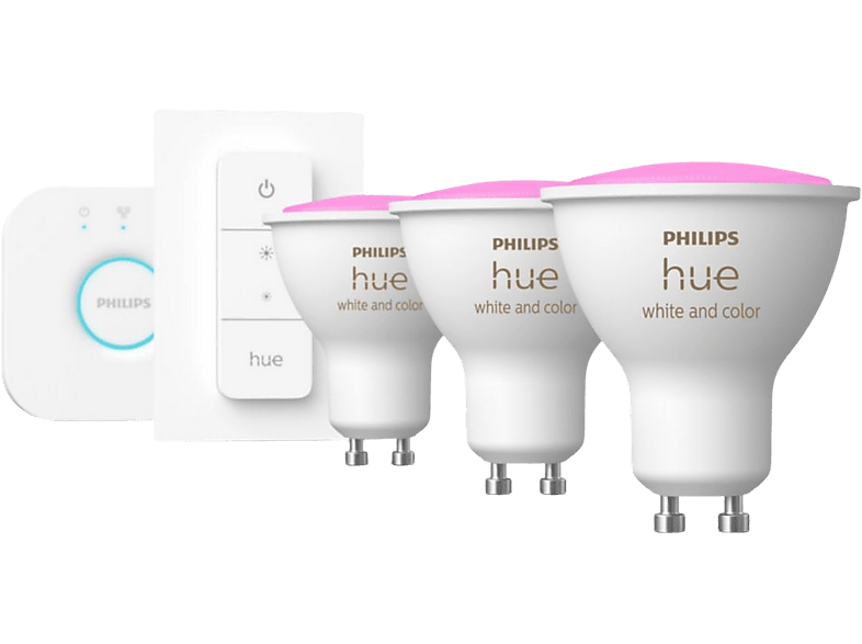 Kit iluminación  Philips Hue Bridge + 3 Bombillas inteligentes GU10 3.5W  350 lm, Luz Blanca y Colores + Regulador