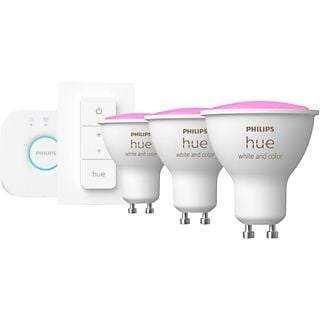 Kit iluminación - Philips Hue Bridge + 3 Bombillas inteligentes GU10 3.5W 350 lm, Luz Blanca y Colores + Regulador
