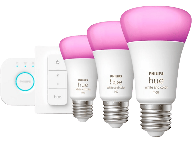 Kit de iluminación  Philips Hue Bridge + 3 Bombillas inteligentes E27 9.5W  1100 lm, Luz Blanca y Colores + Regulador