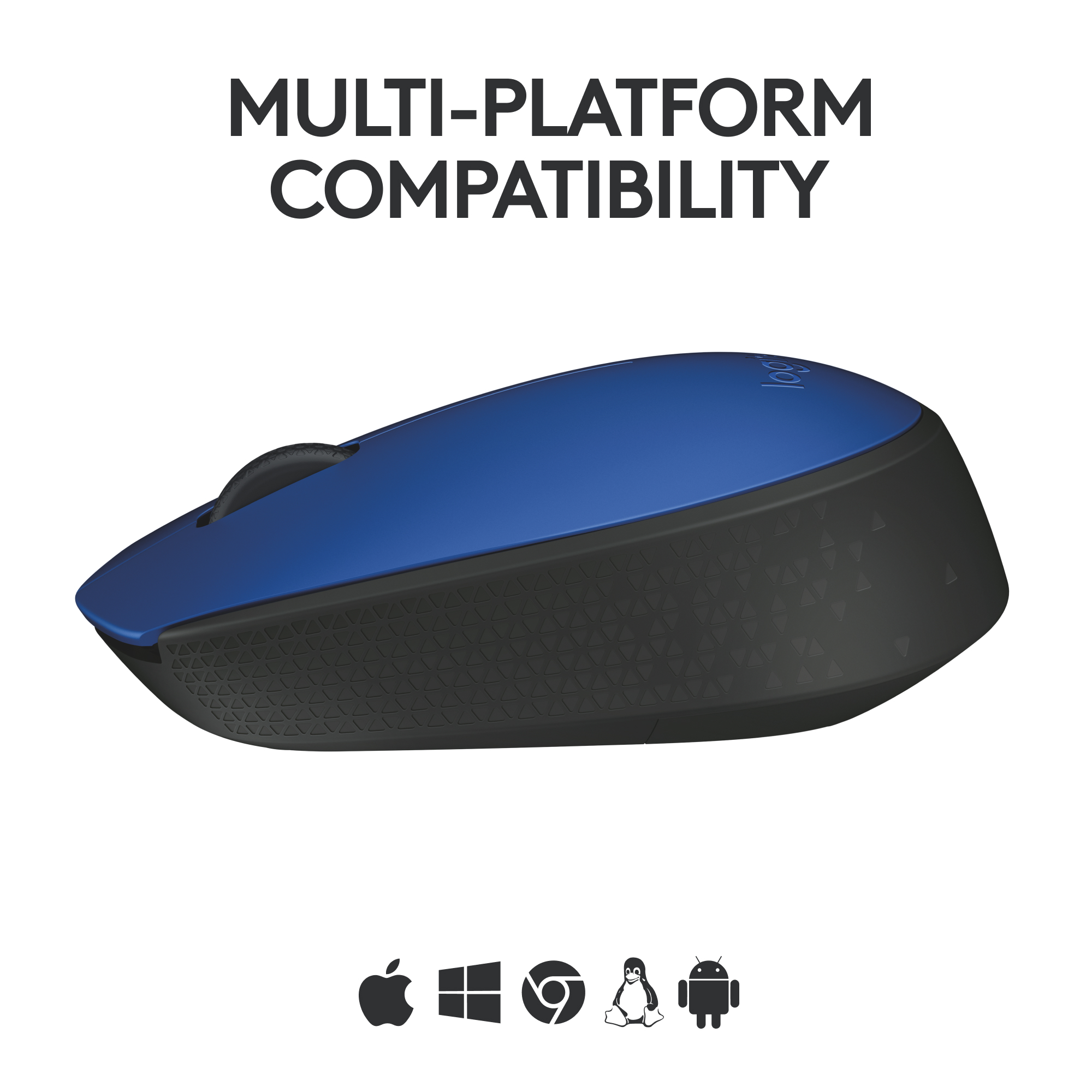 Souris bleue et noire. Texte : 'MULTI-PLATFORM COMPATIBILITY'.