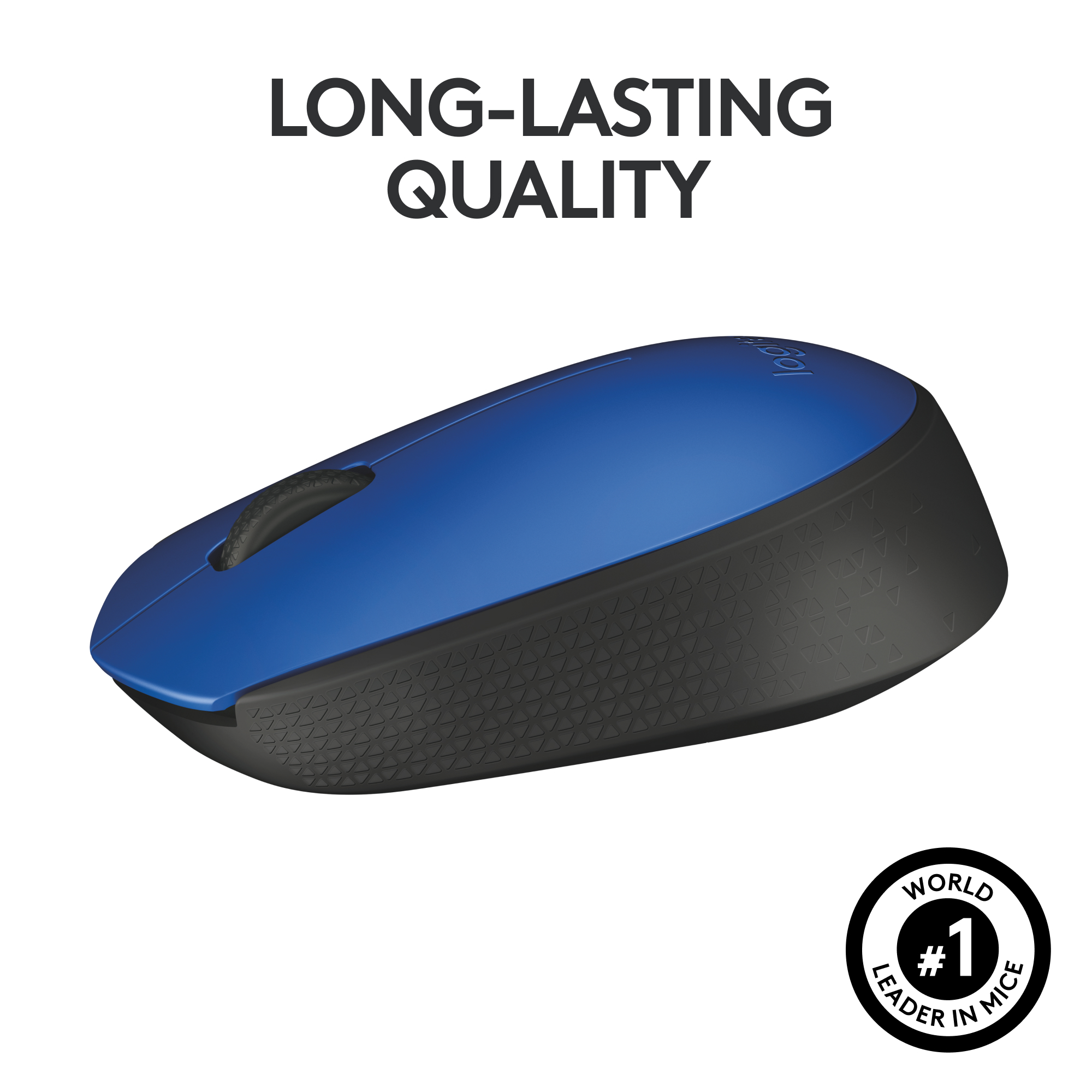 Souris d'ordinateur bleue et noire. Montre une molette et le logo de la marque. Fond blanc.