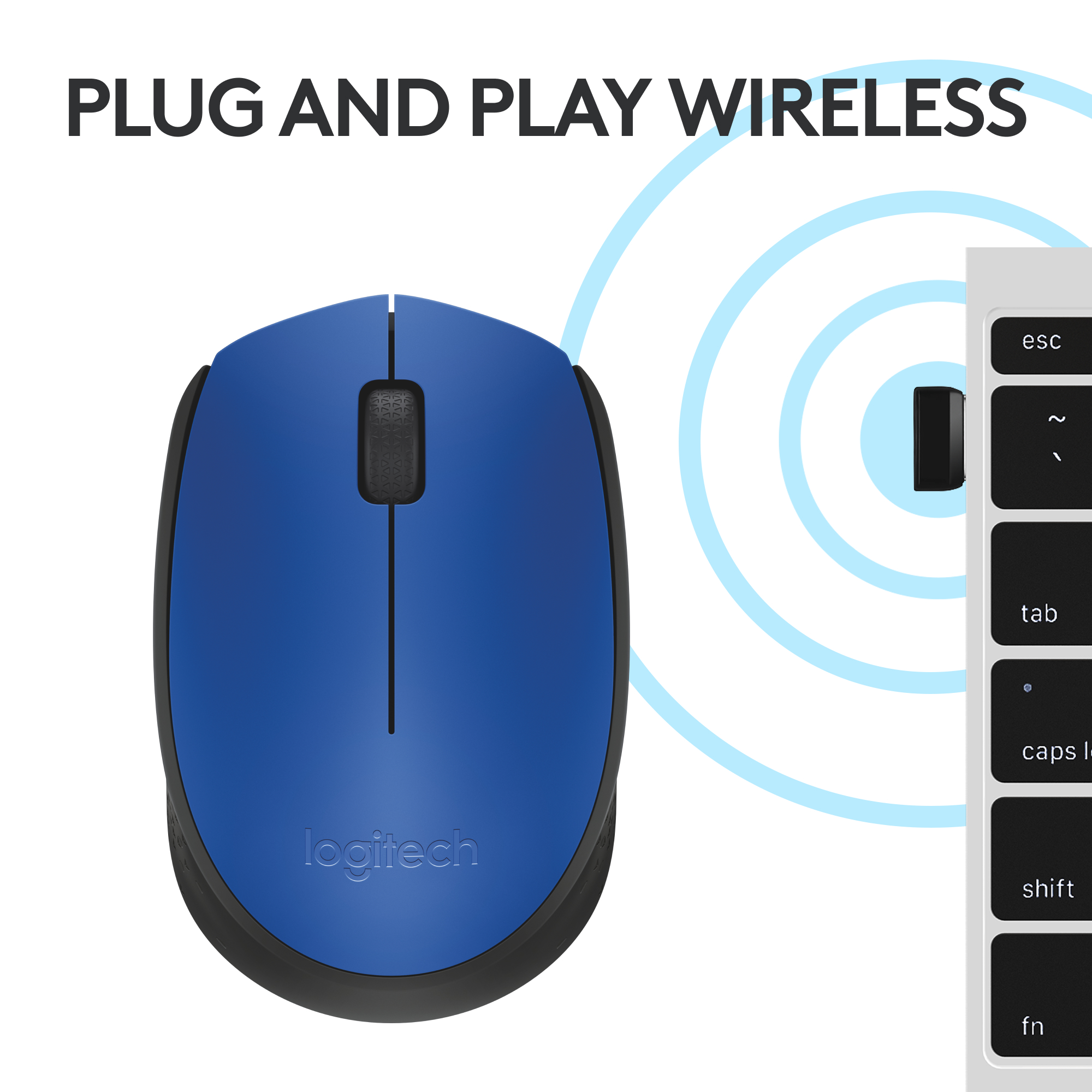 Souris sans fil bleue avec un récepteur USB et un contour de clavier.