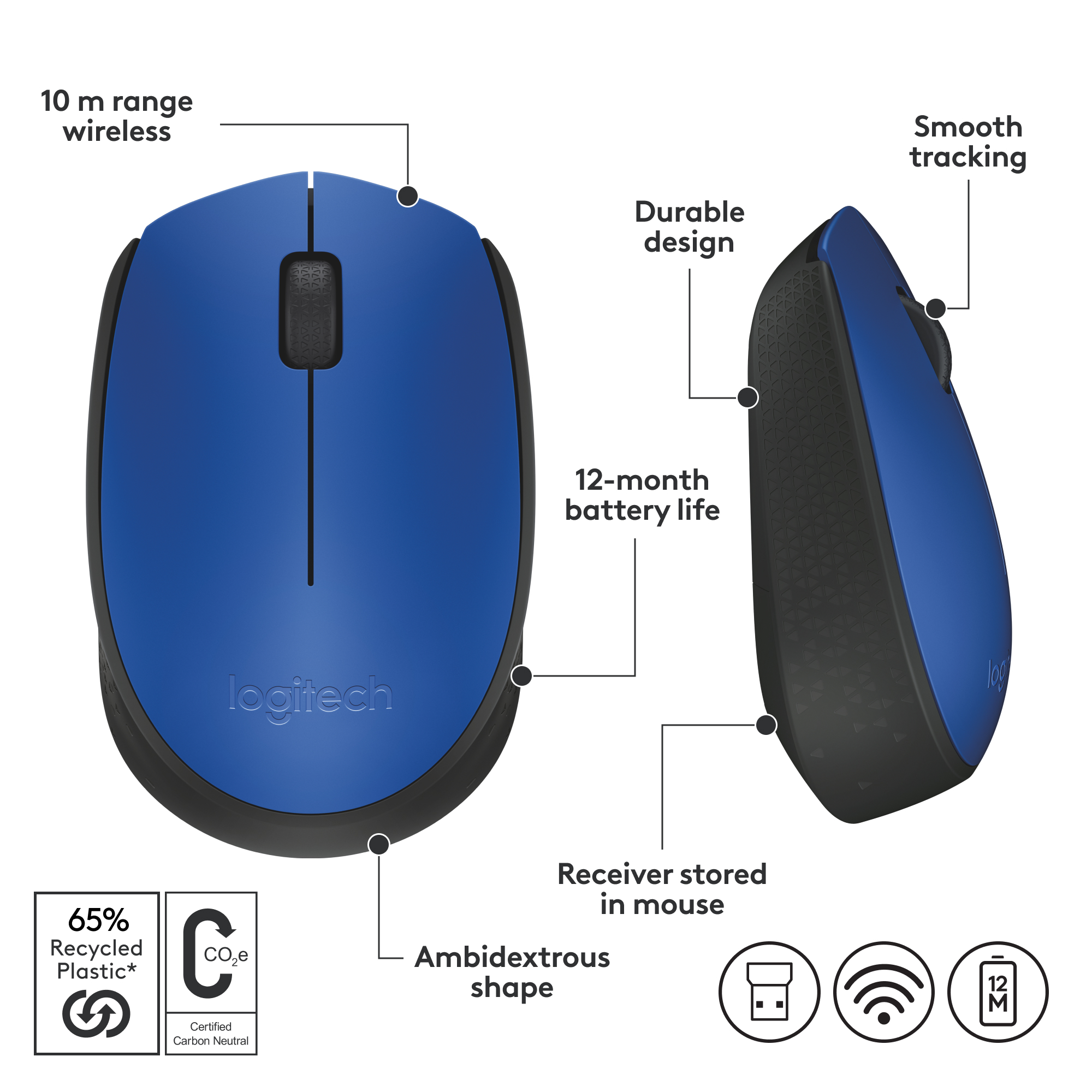 Souris Logitech bleue avec des étiquettes indiquant les caractéristiques : ambidextre, plastique recyclé, durée de vie de la batterie.