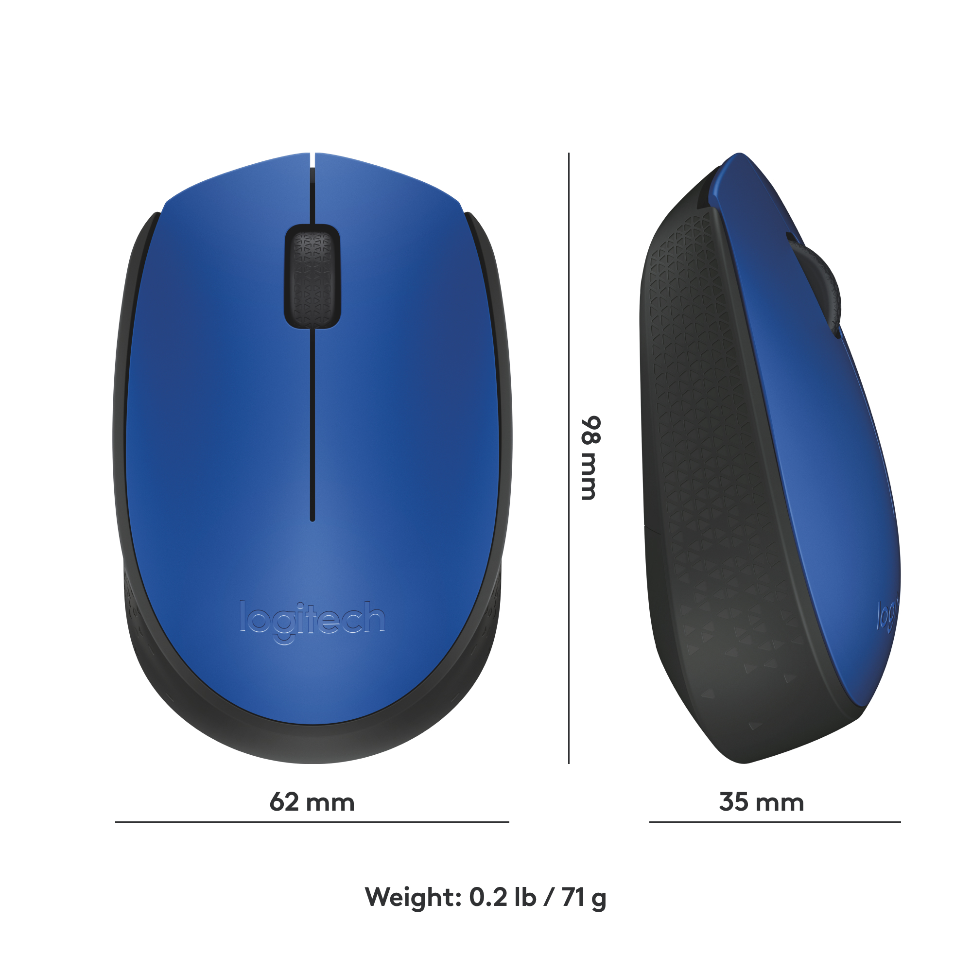 Souris sans fil bleue et noire avec dimensions.