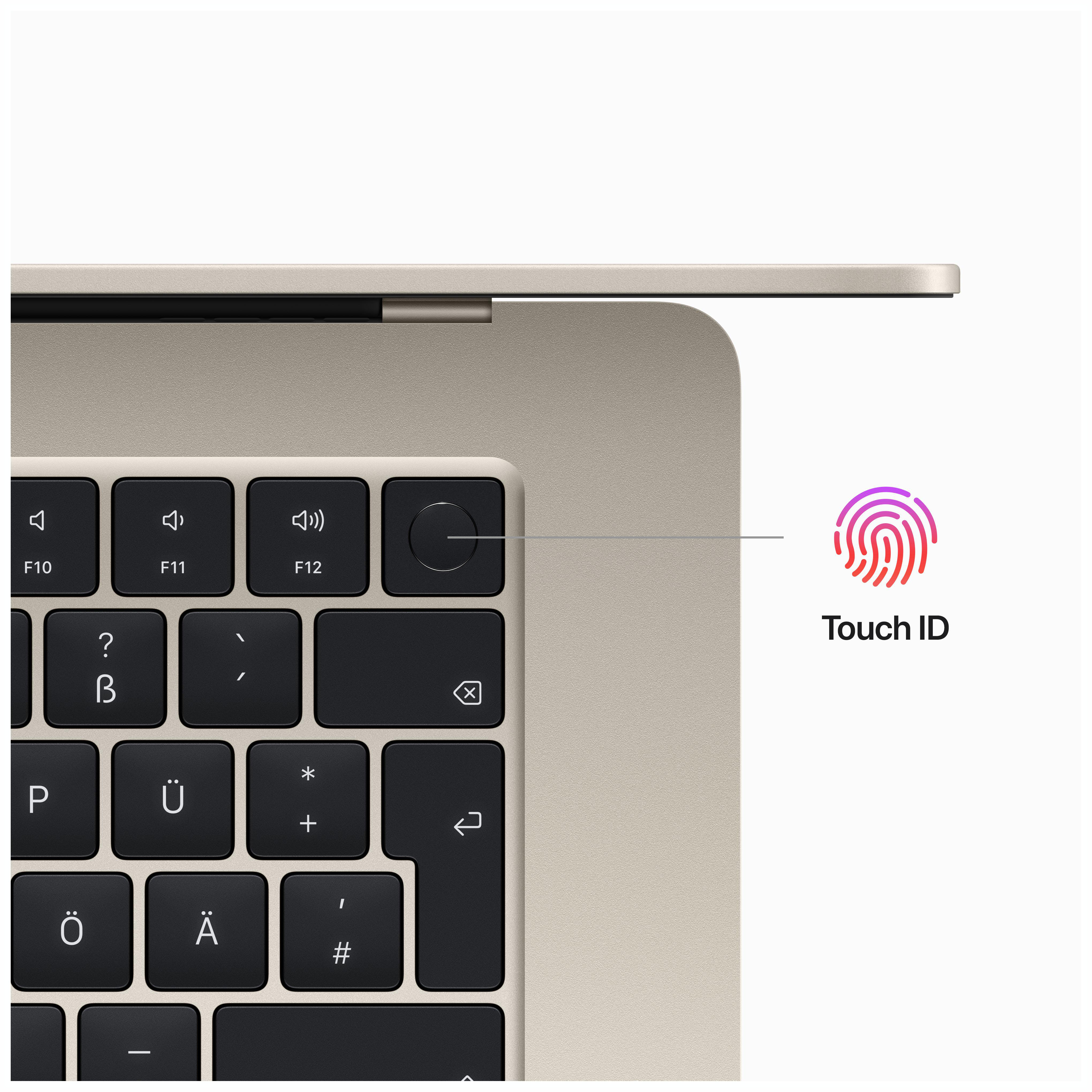 Ein Laptop mit Tastatur und Touch ID. Der Laptop ist beige und geöffnet.
