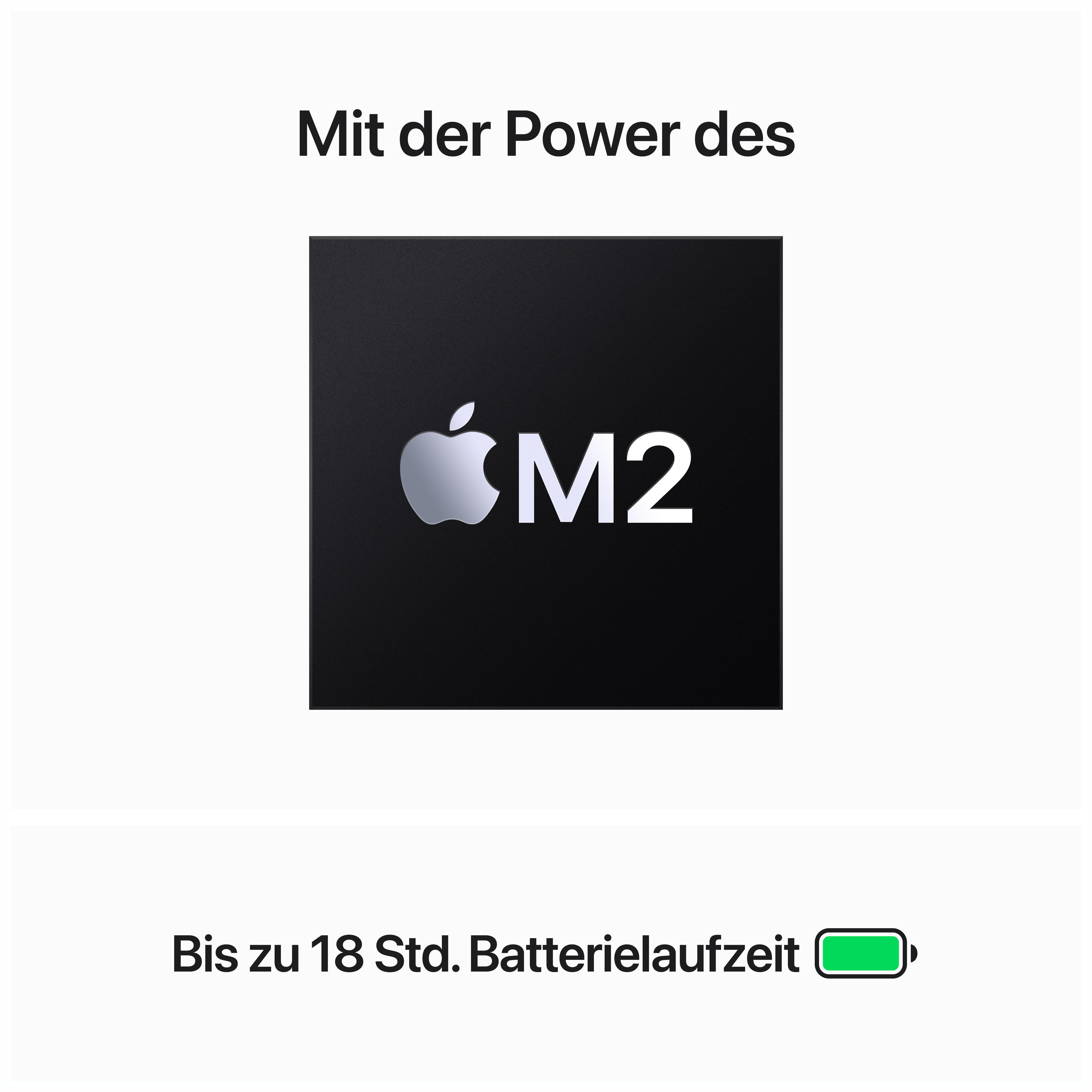 Apple M2 Chip-Logo auf schwarzem Hintergrund. Text oben lautet 'Mit der Power des'.