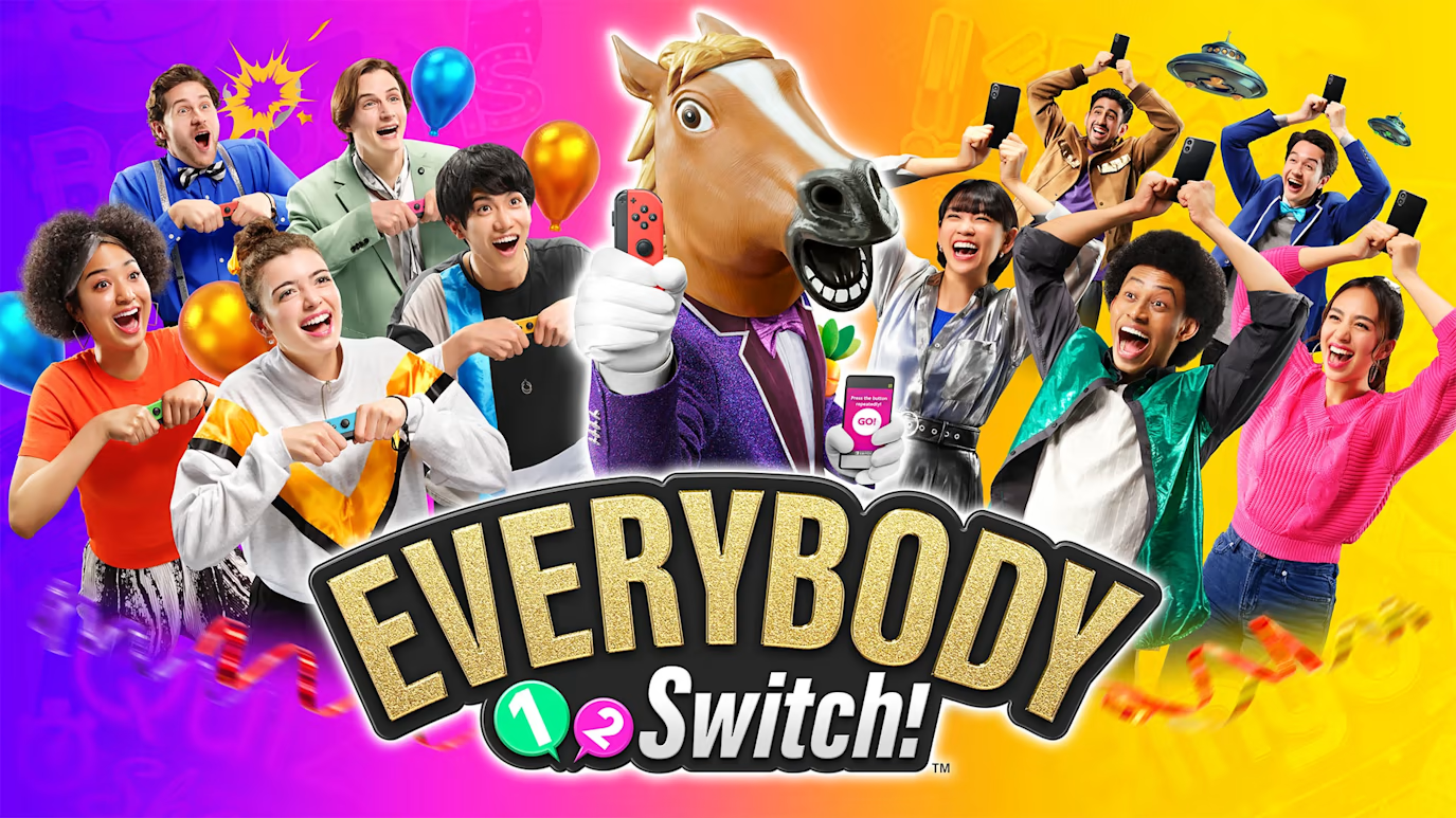 Un gruppo di persone con espressioni eccitate. Stanno tenendo controller di gioco con una testa di cavallo.