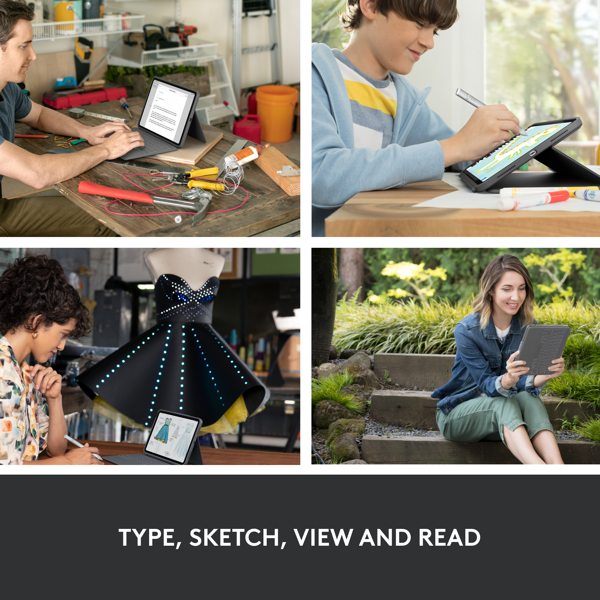 Un collage montre des personnes utilisant des tablettes pour différentes tâches.